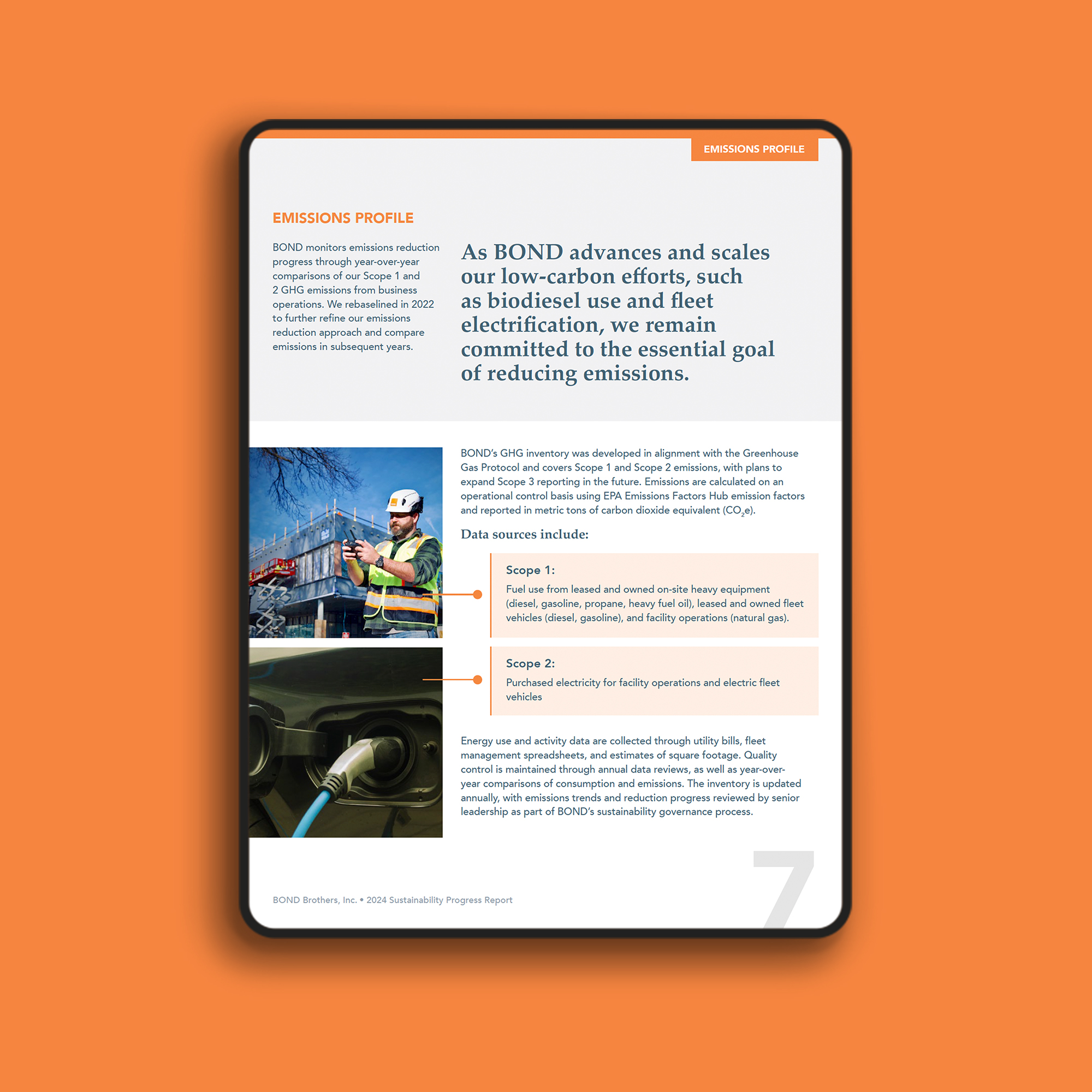 BOND Brothers 2024 Sustainability Progress Report – emissions profile explainer (Scope 1–2) on tablet with orange background, designed by EDCo.