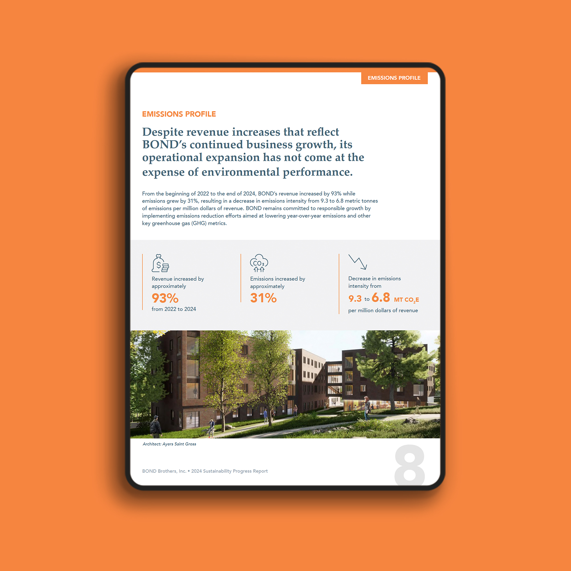BOND Brothers 2024 Sustainability Progress Report – emissions intensity metrics summary page on tablet with an orange background, designed by EDCo.
