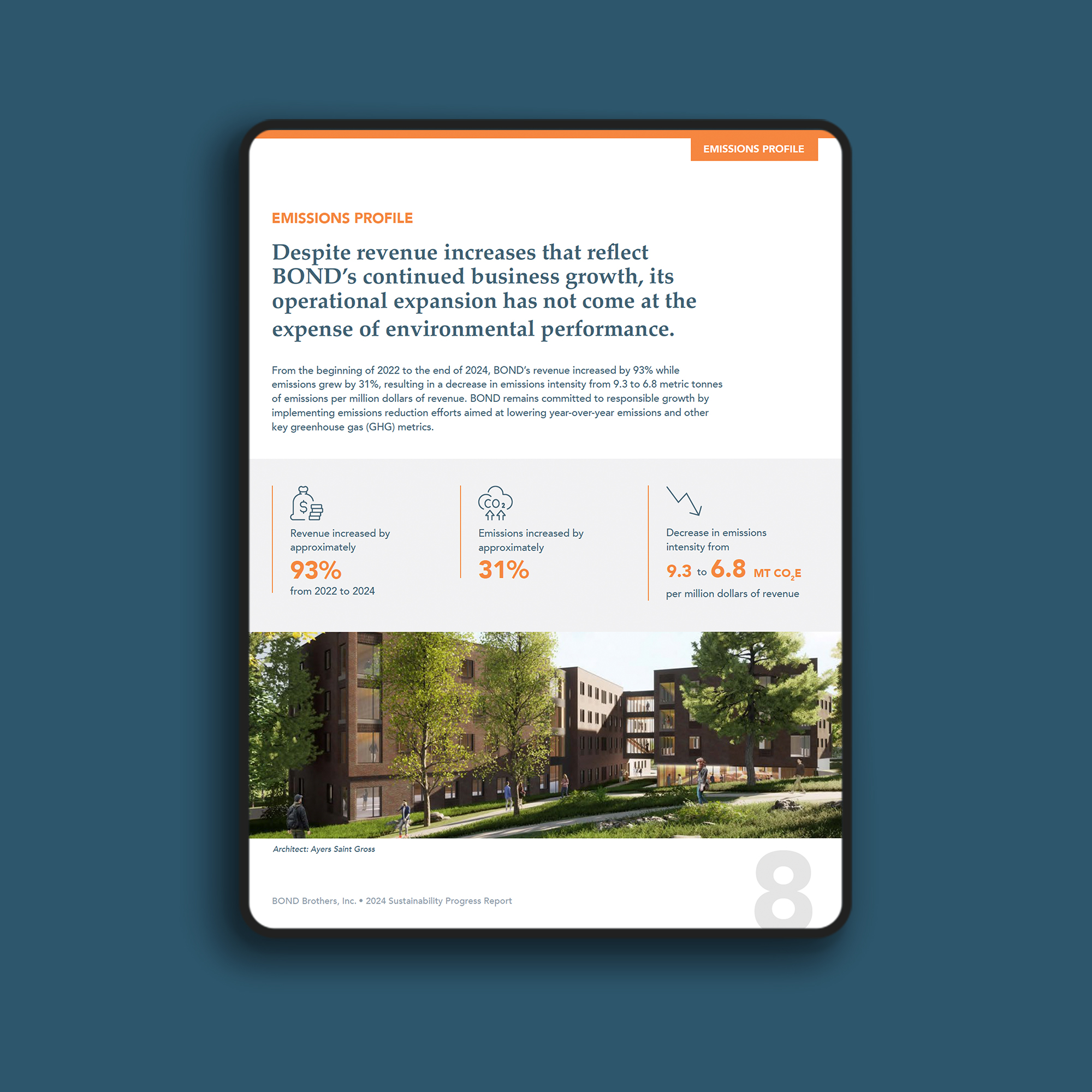BOND Brothers 2024 Sustainability Progress Report – emissions intensity metrics summary page on tablet with a navy background, designed by EDCo.