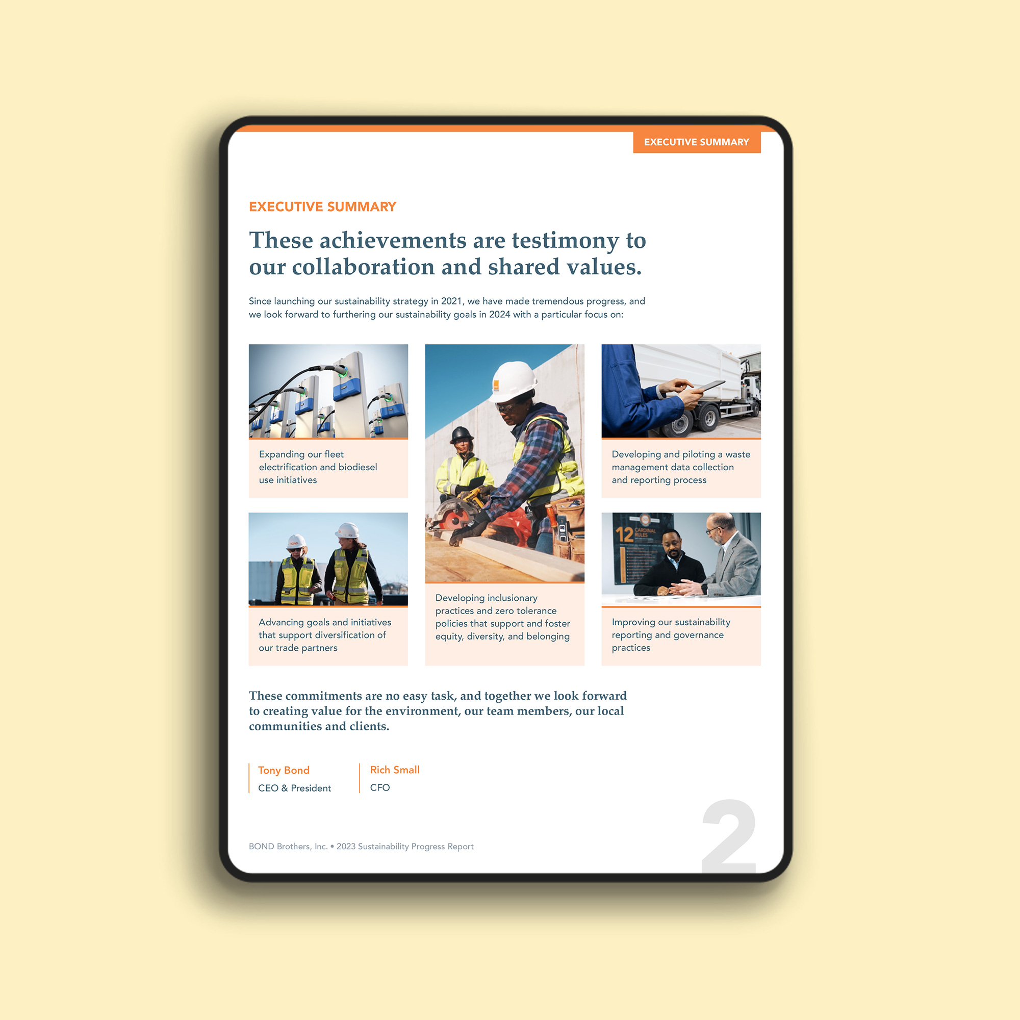 BOND Brothers 2023 Sustainability Report – Executive Summary page featuring key achievements in fleet electrification, waste management, inclusive workplace practices, and governance improvements, with supporting photos of workers and community initiatives.