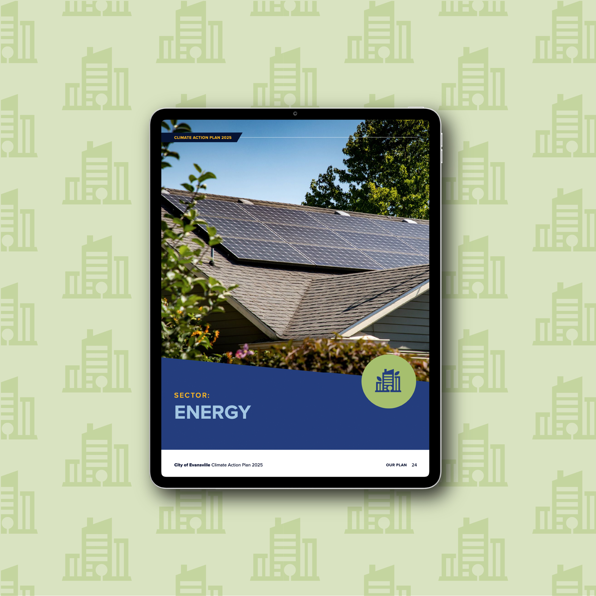 City of Evansville Climate Action Plan 2025 – Energy sector section break featuring rooftop solar panels on a green patterned background of building icons.