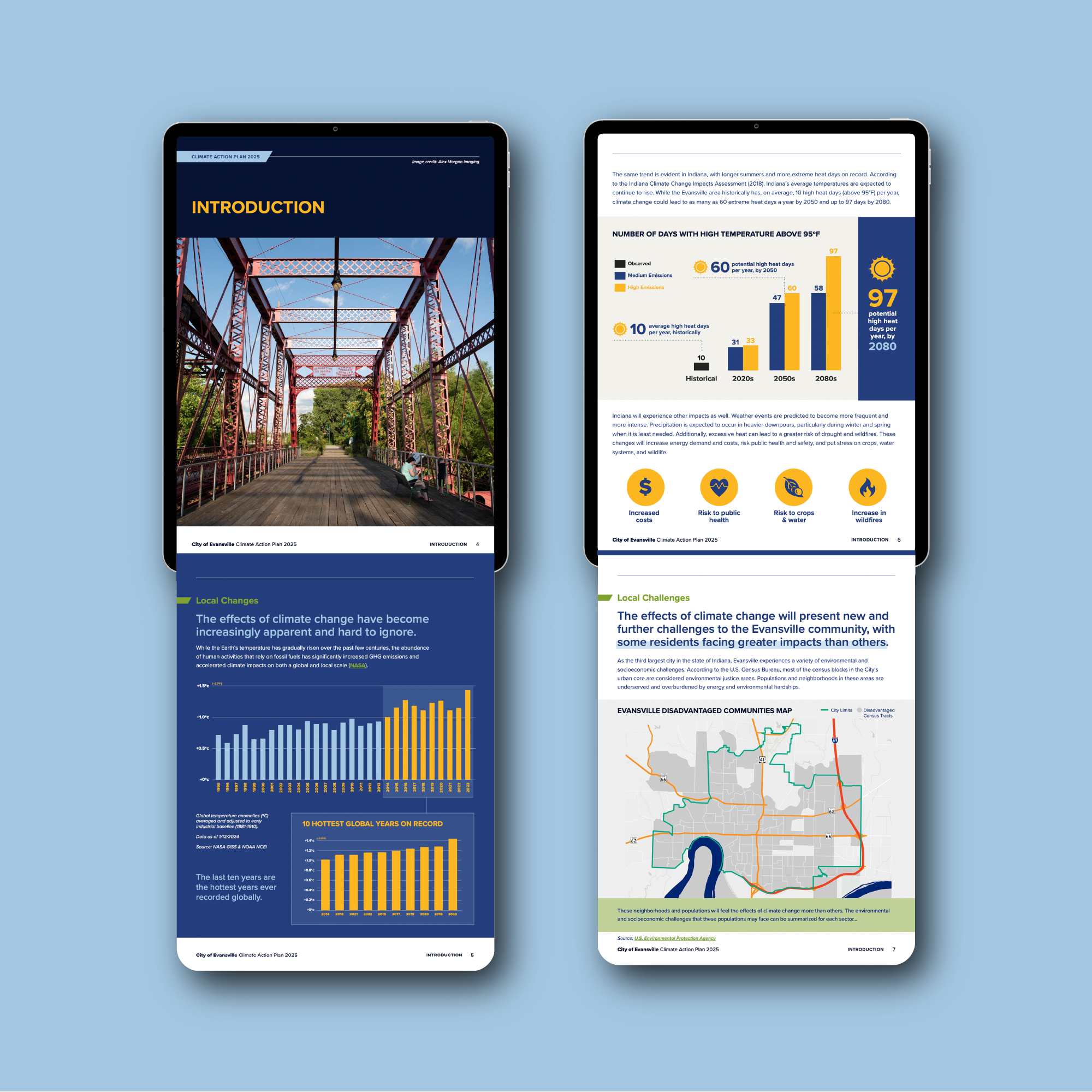 City of Evansville Climate Action Plan 2025, featuring an introduction photo of a red bridge and data visualisations (charts and graphs) highlighting local climate change impacts and community vulnerability.