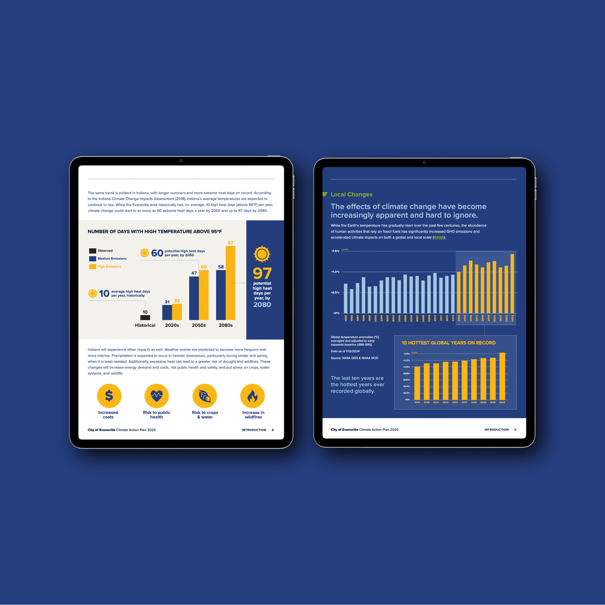 City of Evansville Climate Action Plan 2025 – double-page spread design featuring energy data charts and graphs with yellow highlights, set on a dark blue background.