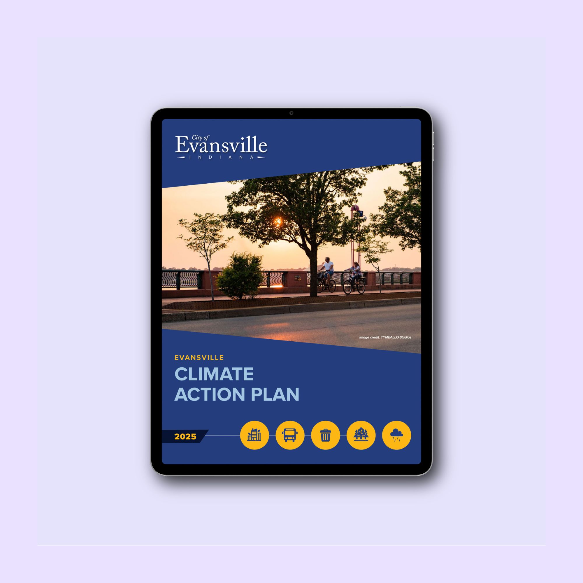 Tablet mockup of the City of Evansville Climate Action Plan 2025 cover, featuring a riverfront sunset photo, blue and yellow graphics and sector icons.