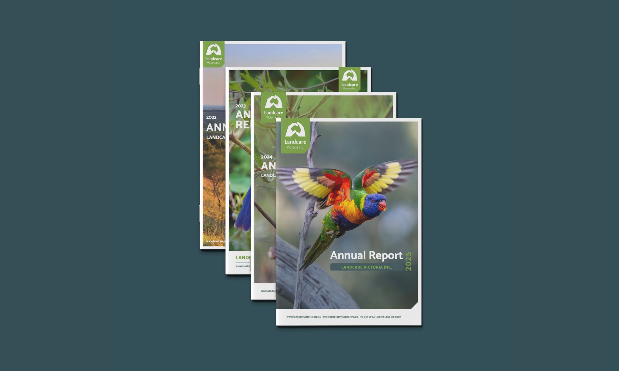 Landcare Victoria Inc. annual report covers from 2022 to 2025 stacked on green background, designed by Ethical Design Co.