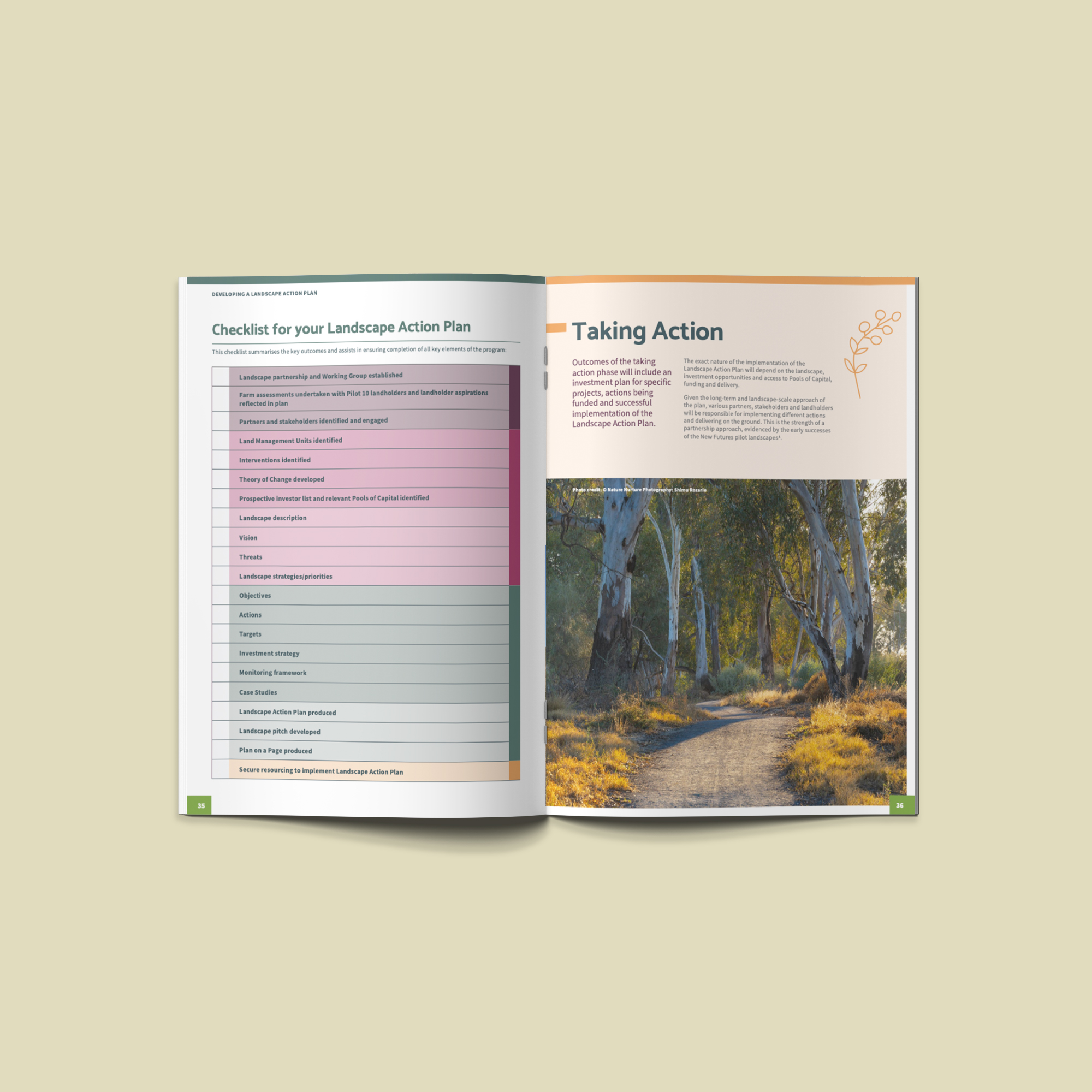 Landcare Victoria Landcare Victoria Landscape Action Plan Handbook spread featuring Landscape Action Checklist and Taking Action section