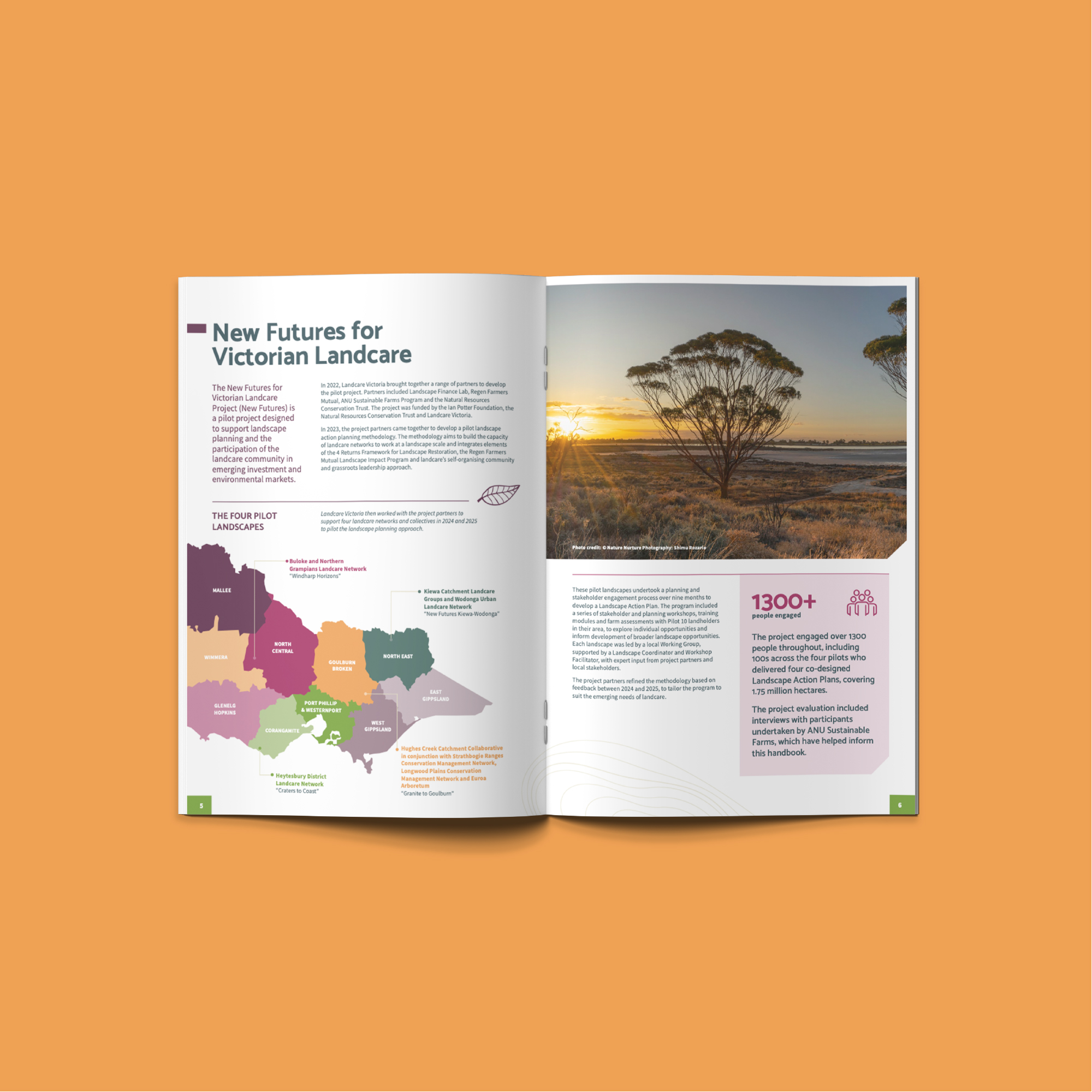 Landcare Victoria Landscape Action Plan Handbook inside spread featuring “New Futures for Victorian Landcare” section and map of Victorian regions