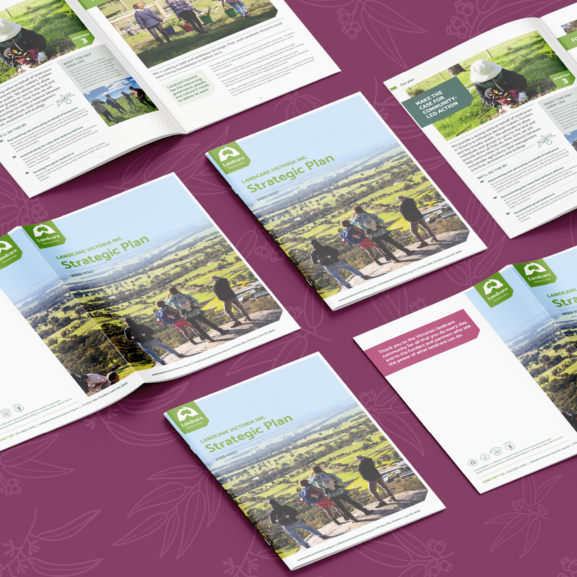Landcare Victoria Strategic Plan 2025–2027 report design with angled covers and open spreads in a patterned layout on plum background.
