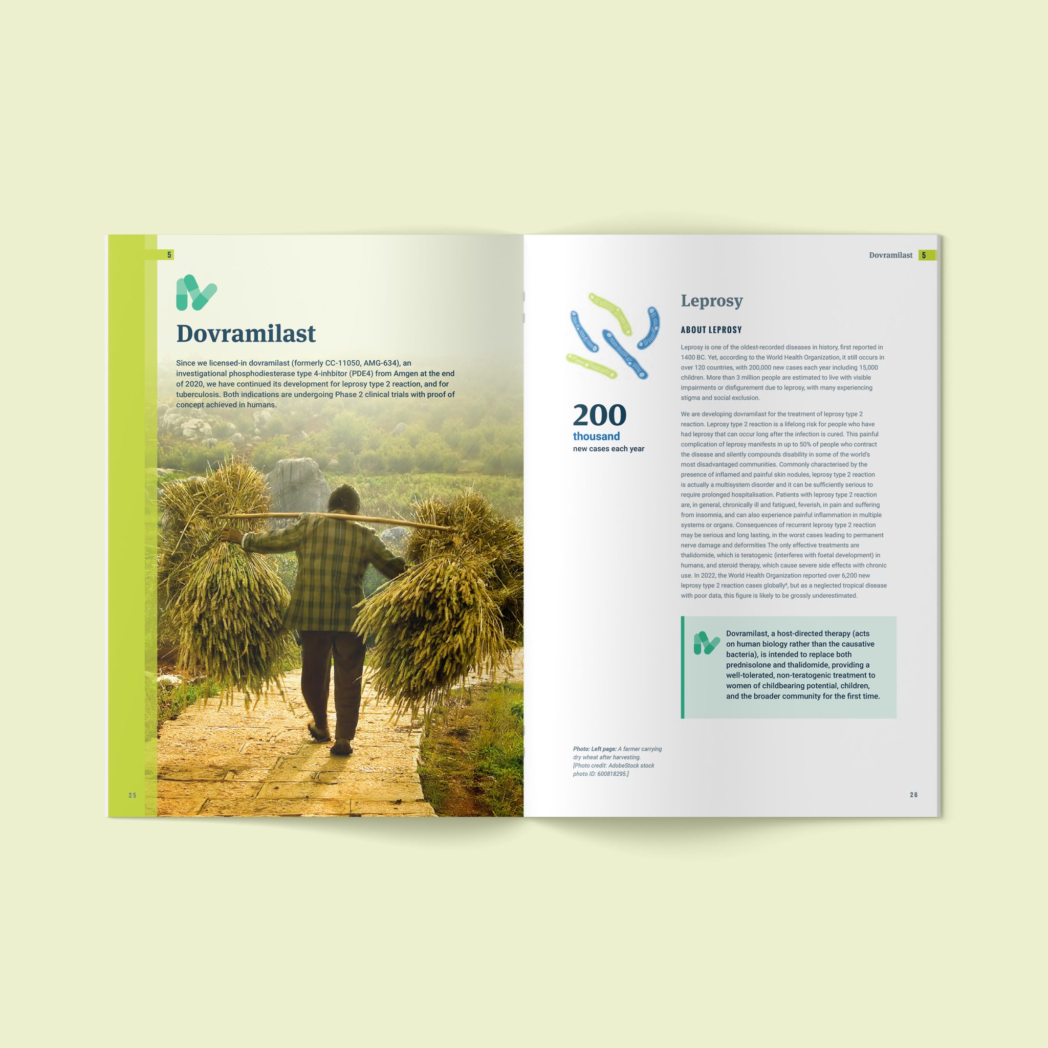 Inside spread of the 2022–2023 MDGH Annual Report, designed by EDCo., featuring a focus on the Dovramalist disease area with an engaging photograph and supporting text.