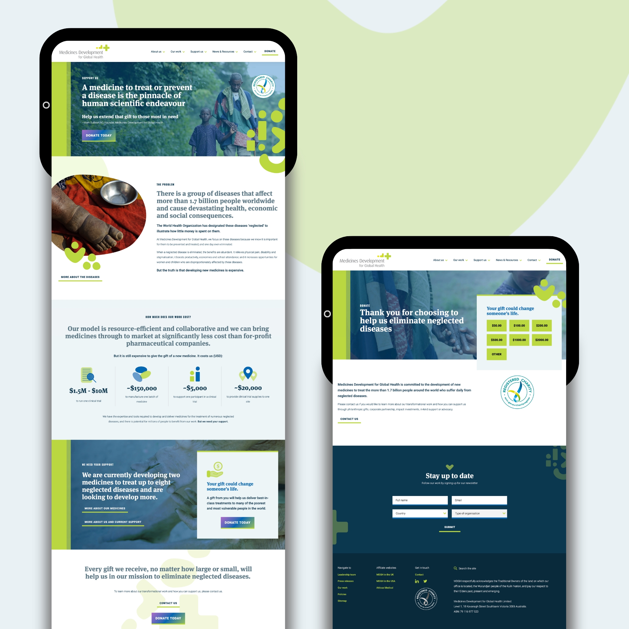 Mockup of the redesigned 'Support Us' and 'Donate' pages, designed and developed by EDCo. for the MDGH website, enhancing user engagement and functionality.