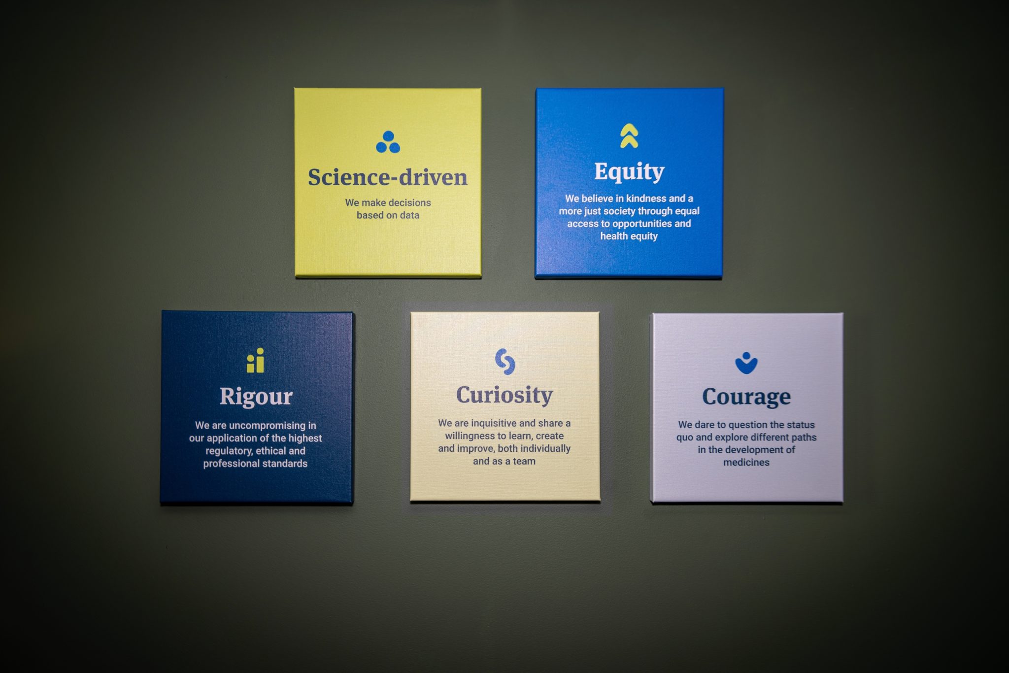 Five canvas photo prints, designed and printed by EDCo., featuring MDGH's corporate values, displayed in the communal lunch area.