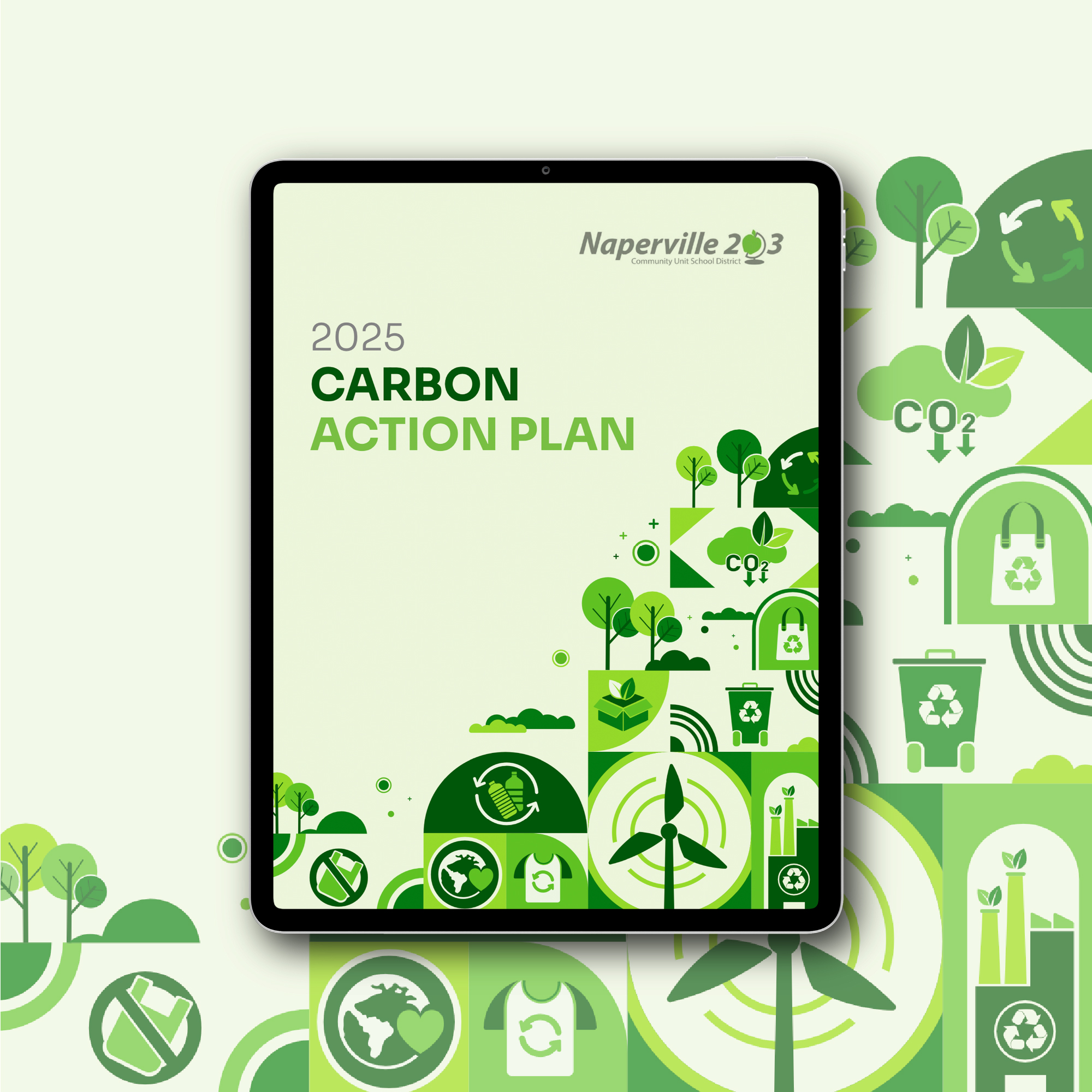 Naperville 2030 Carbon Action Plan 2025 – tablet mockup of the report cover design featuring green icons representing sustainability themes such as trees, recycling, wind power and carbon reduction.