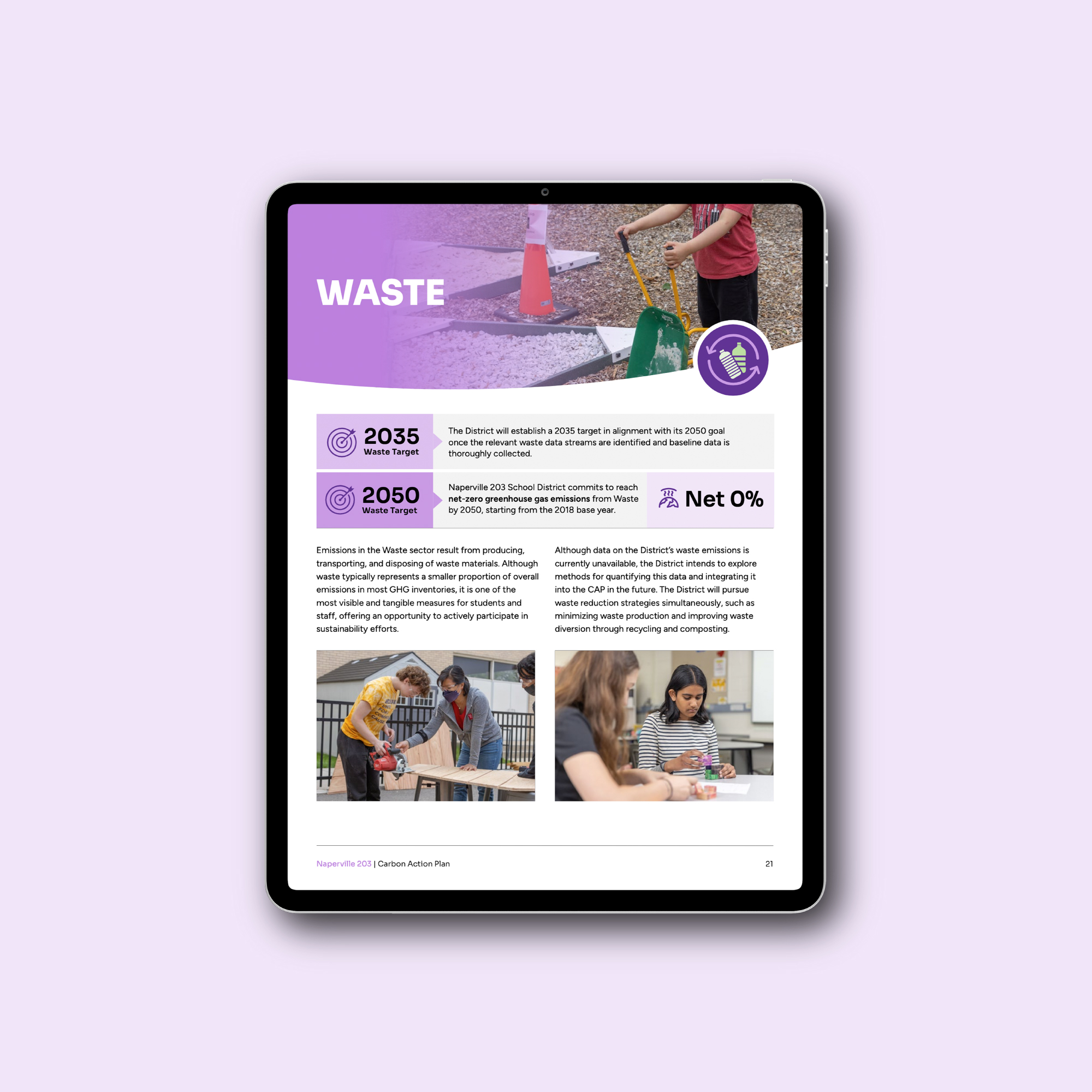 Tablet mockup showing the Waste section of the Naperville 2030 Carbon Action Plan 2025, featuring emissions targets, student photography, and a purple background with an icon overlay.