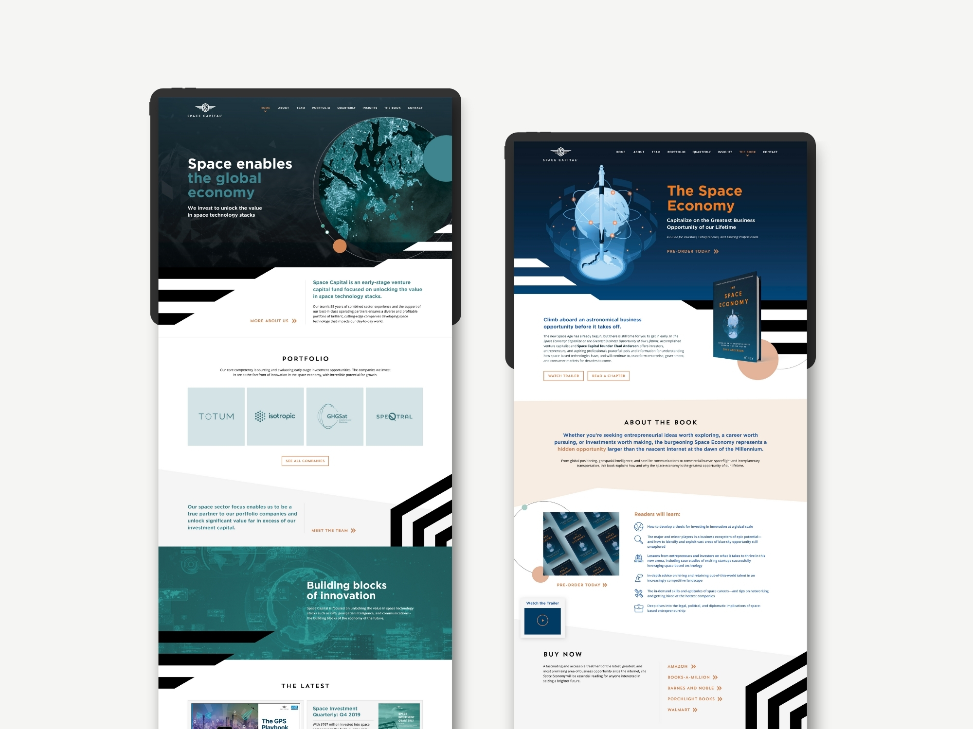 Full colour mockup of the Space Capital website on a white background, showcasing the homepage and a promotional page for 'The Space Economy' book by Chad Anderson, displayed on a light background, appearing as if on a tablet screen.
