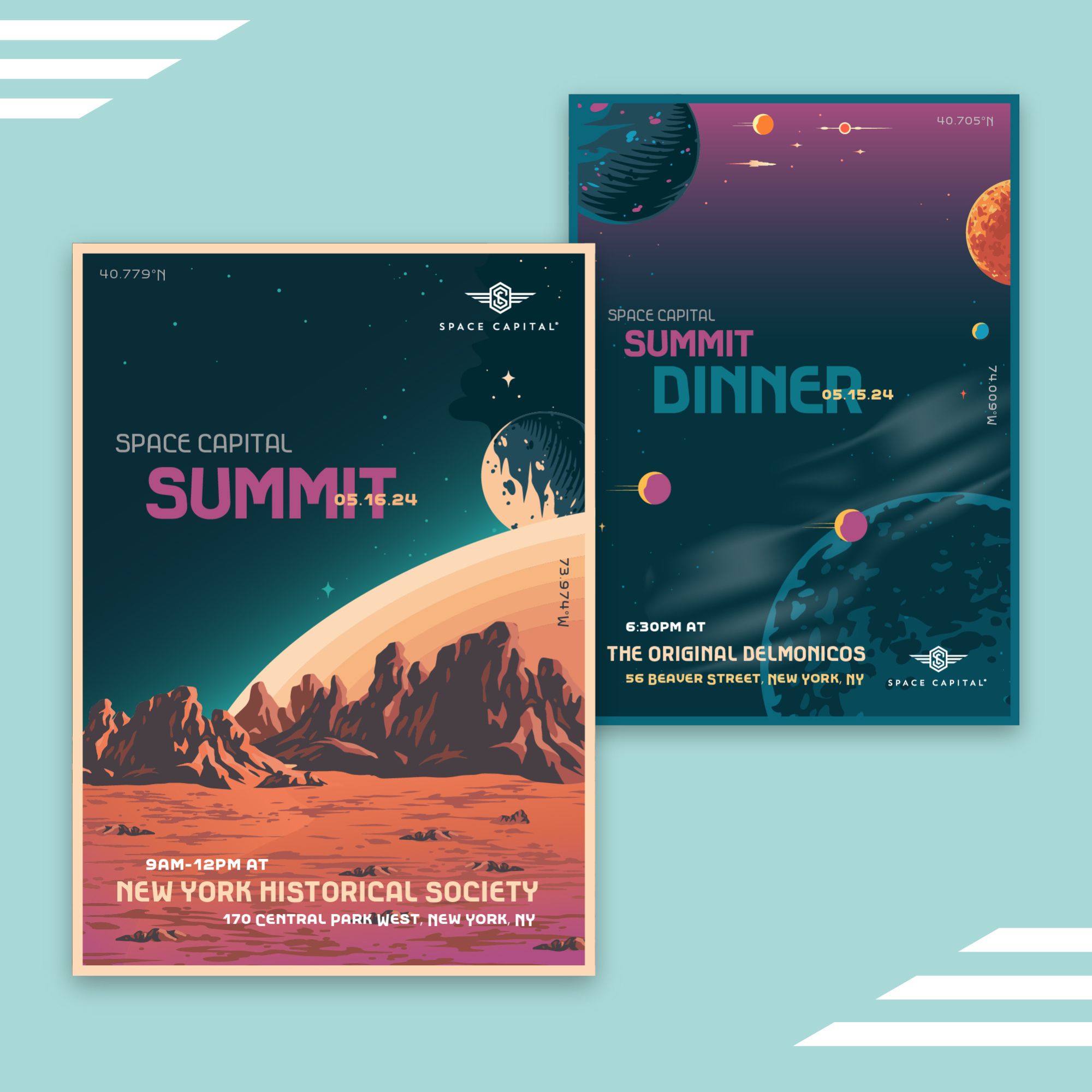 Event invitations for the Space Capital Summit 2024, featuring retro-futuristic designs in vibrant colours.