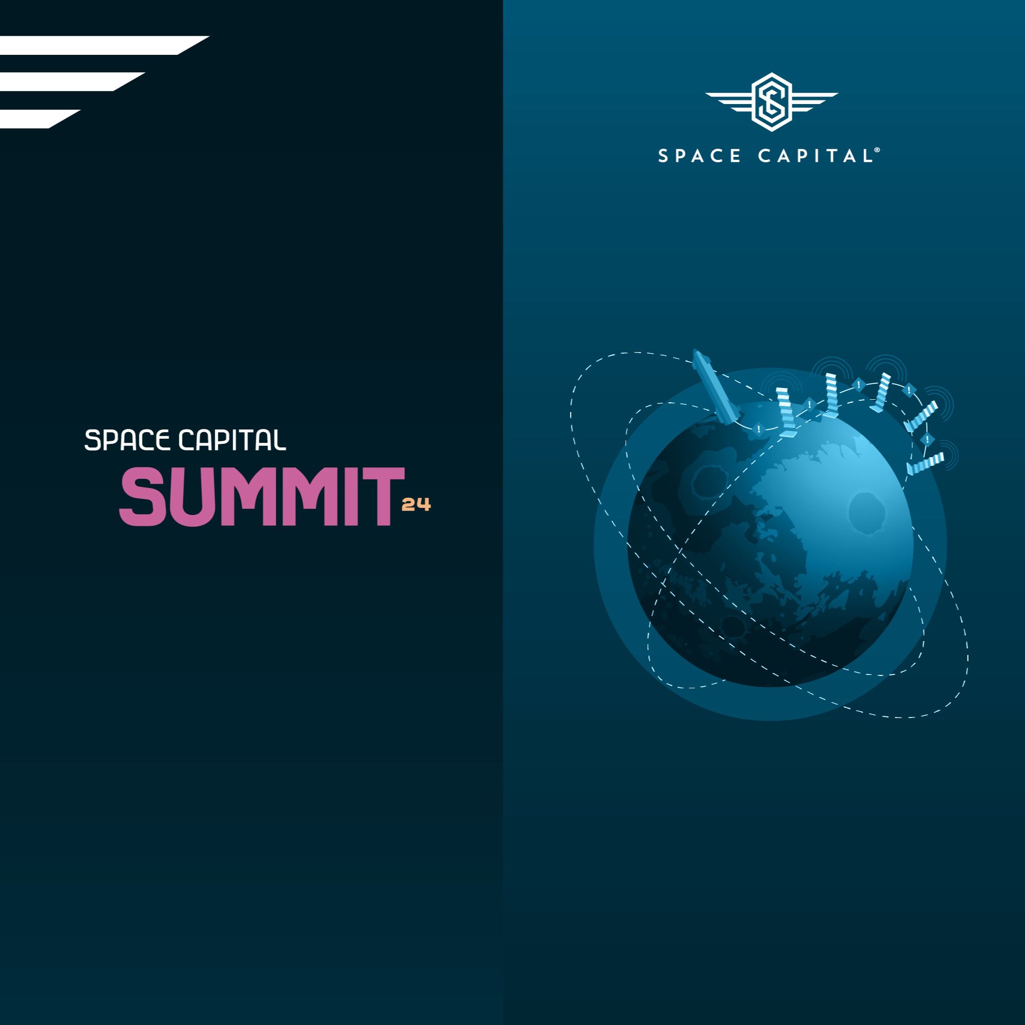 Lobby visuals for the Space Capital Summit 2024, designed with space-age aesthetics.