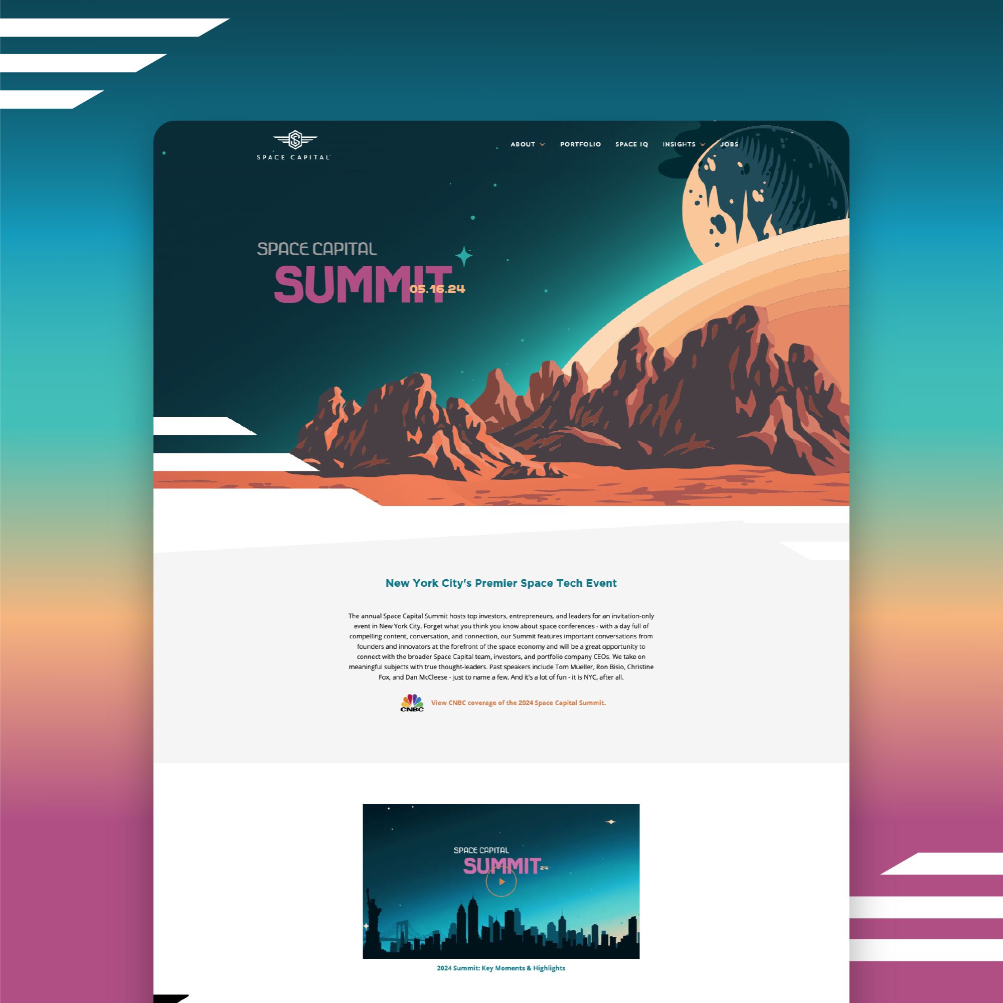 Hero section of the Space Capital Summit 2024 webpage, showcasing retro-futuristic design elements.