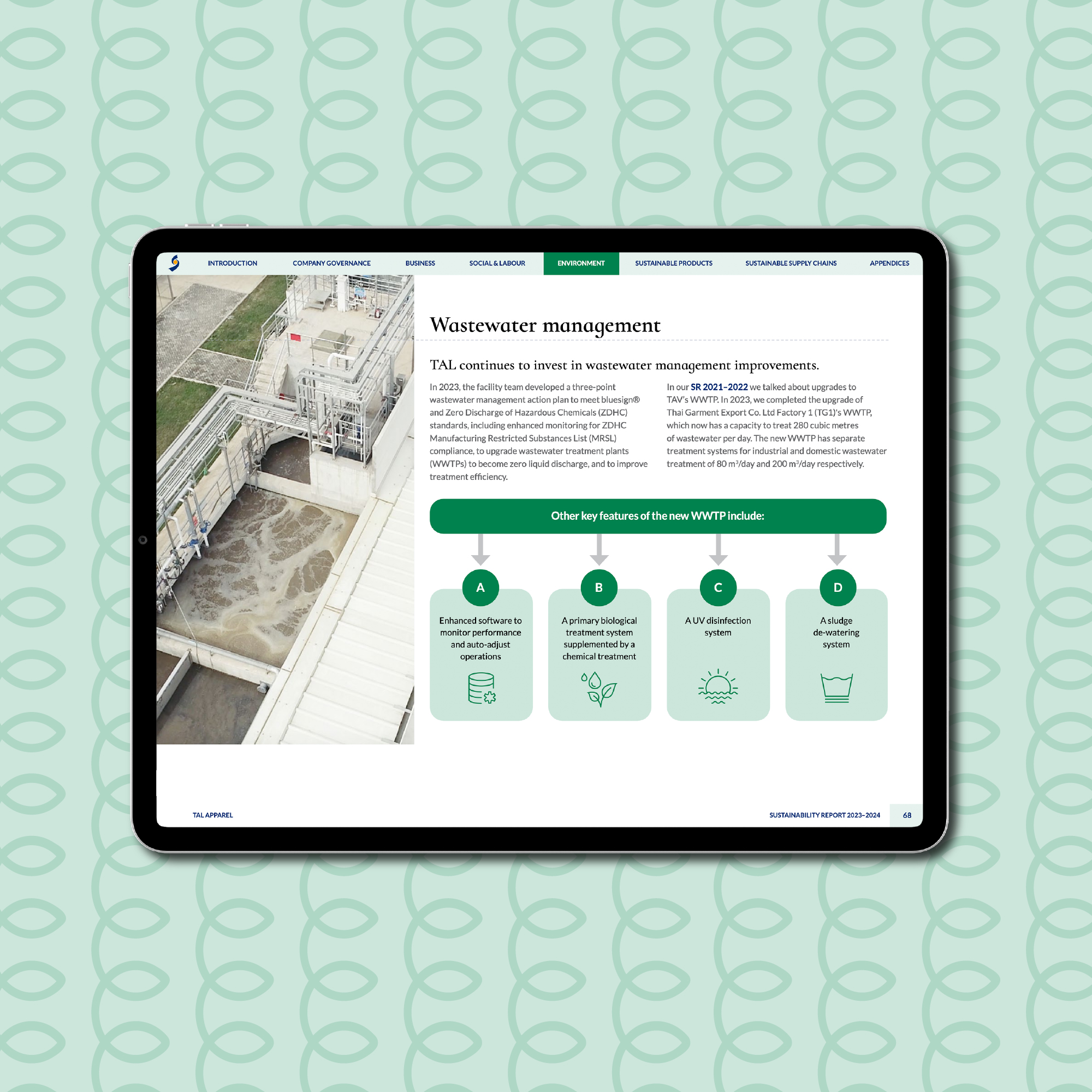 TAL Apparel Sustainability Report 2023–24 on tablet – Environment chapter: Wastewater management spread with aerial image and green infographic. Design by EDCo.