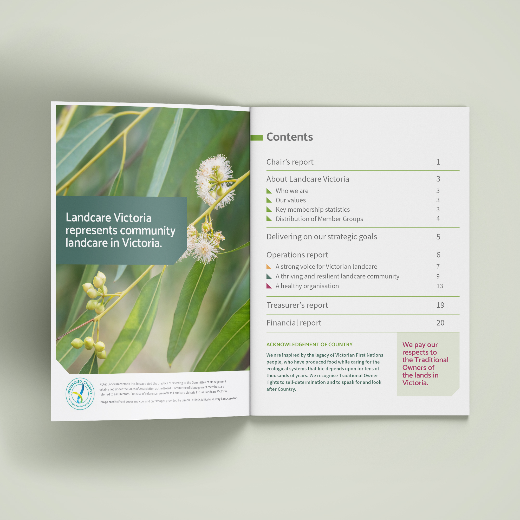 Full colour mockup of Landcare Victoria's 2024 Annual Report 'contents' spread on a light grey green background. The image on the left page features a close up of flowering eucalyptus leaves and the call-out text reads “Landcare Victoria supports community landcare in Victoria”. The right hand page displays the contents of the report in a list format with relevant sections and page numbers.