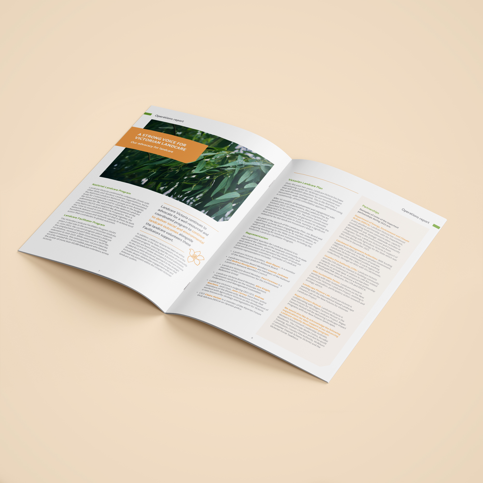 Full colour mockup of a spread from the 'Operations report' section of the 2024 Annual Report for Landcare Victoria, on a peach orange background.