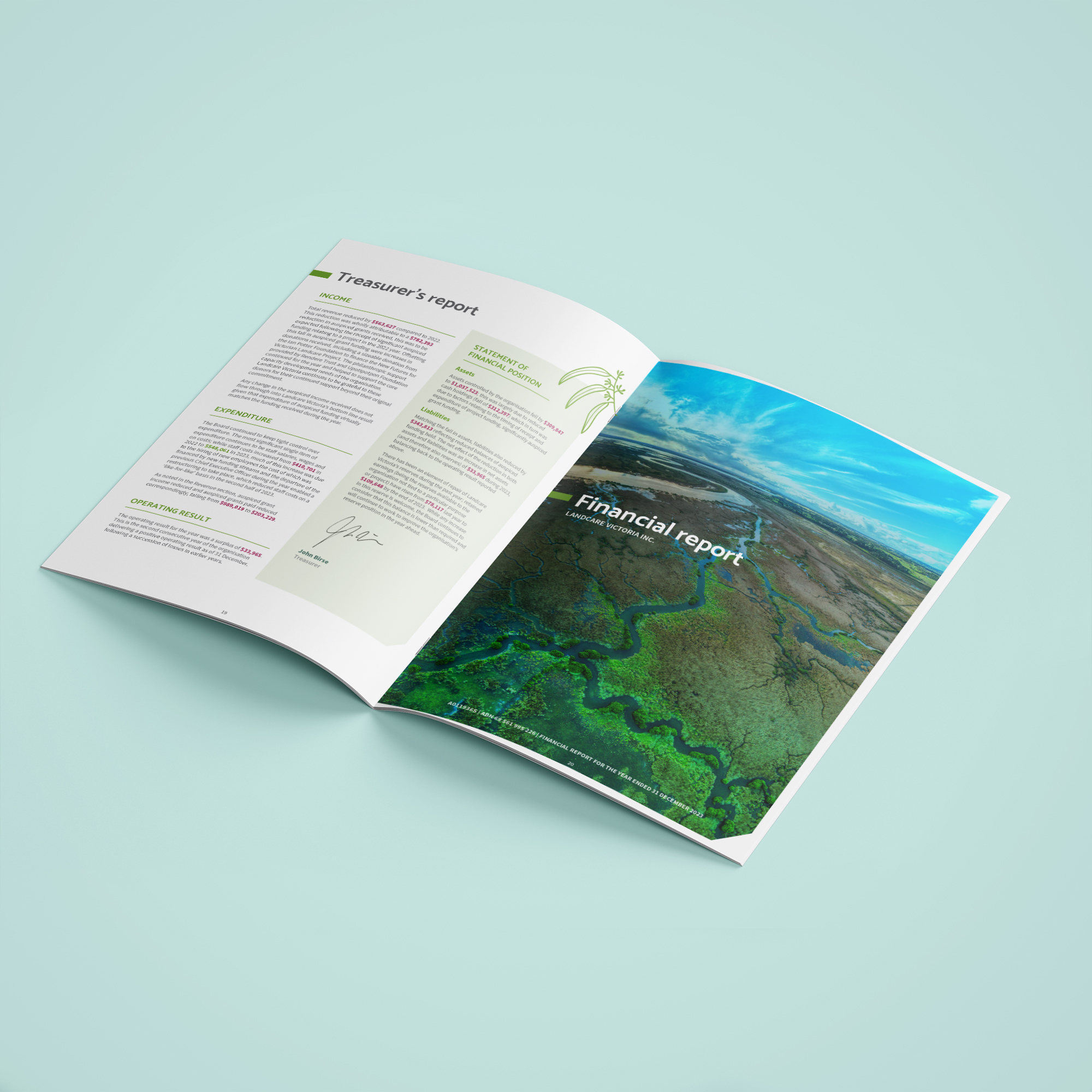 Full colour mockup of the Financial report section break spread taken from the 2024 Annual Report for Landcare Victoria, on a green blue background.