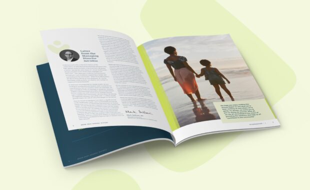 Open Medicines Development for Global Health annual report showing an editorial spread with a full-page photograph