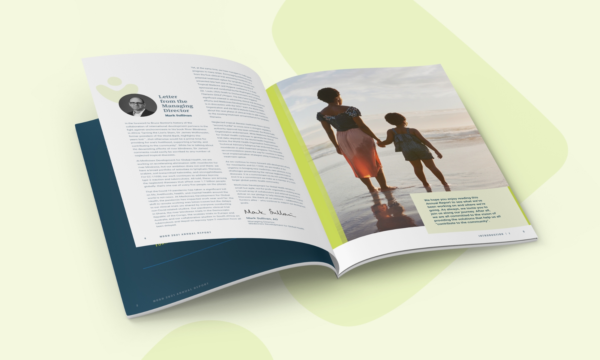 Open Medicines Development for Global Health annual report showing an editorial spread with a full-page photograph