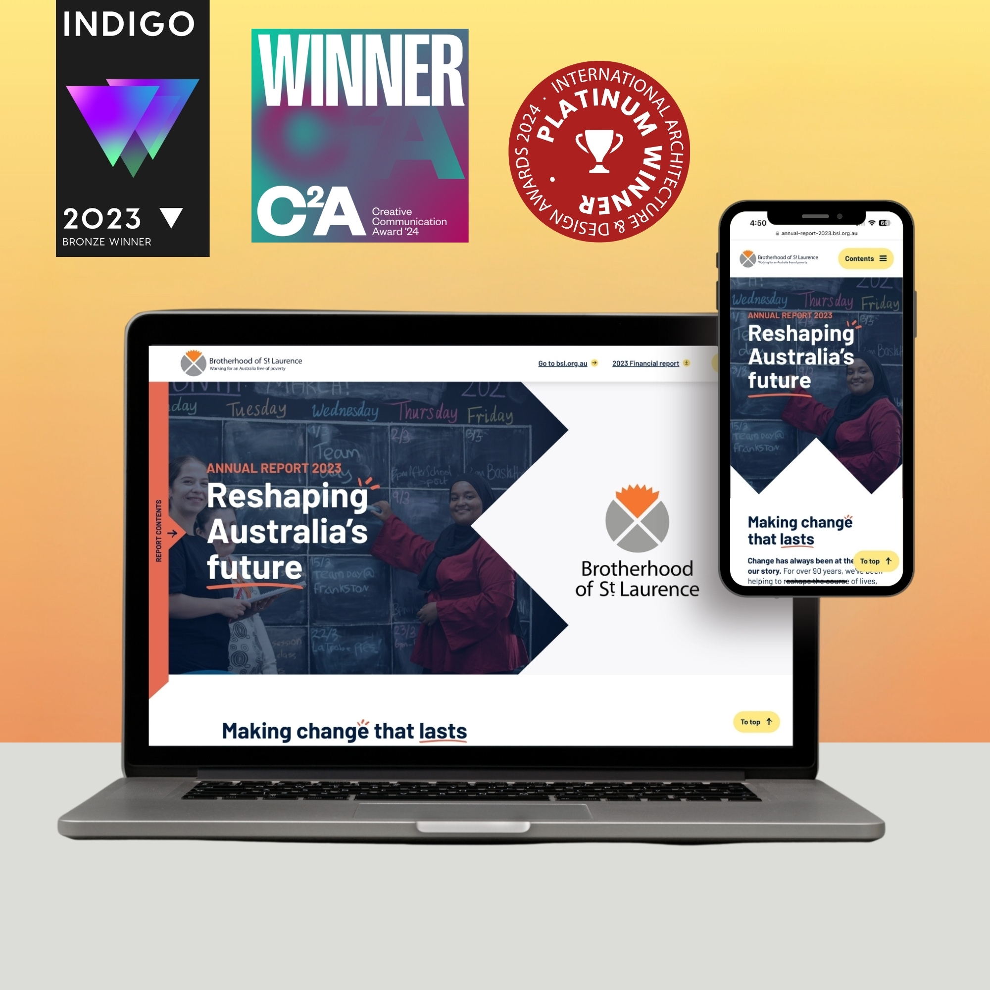 Brotherhood of St. Laurence 2023 Annual Report design on laptop and mobile, featuring award badges for Indigo Bronze 2023, International Architecture & Design Platinum 2024, and C2A Winner award
