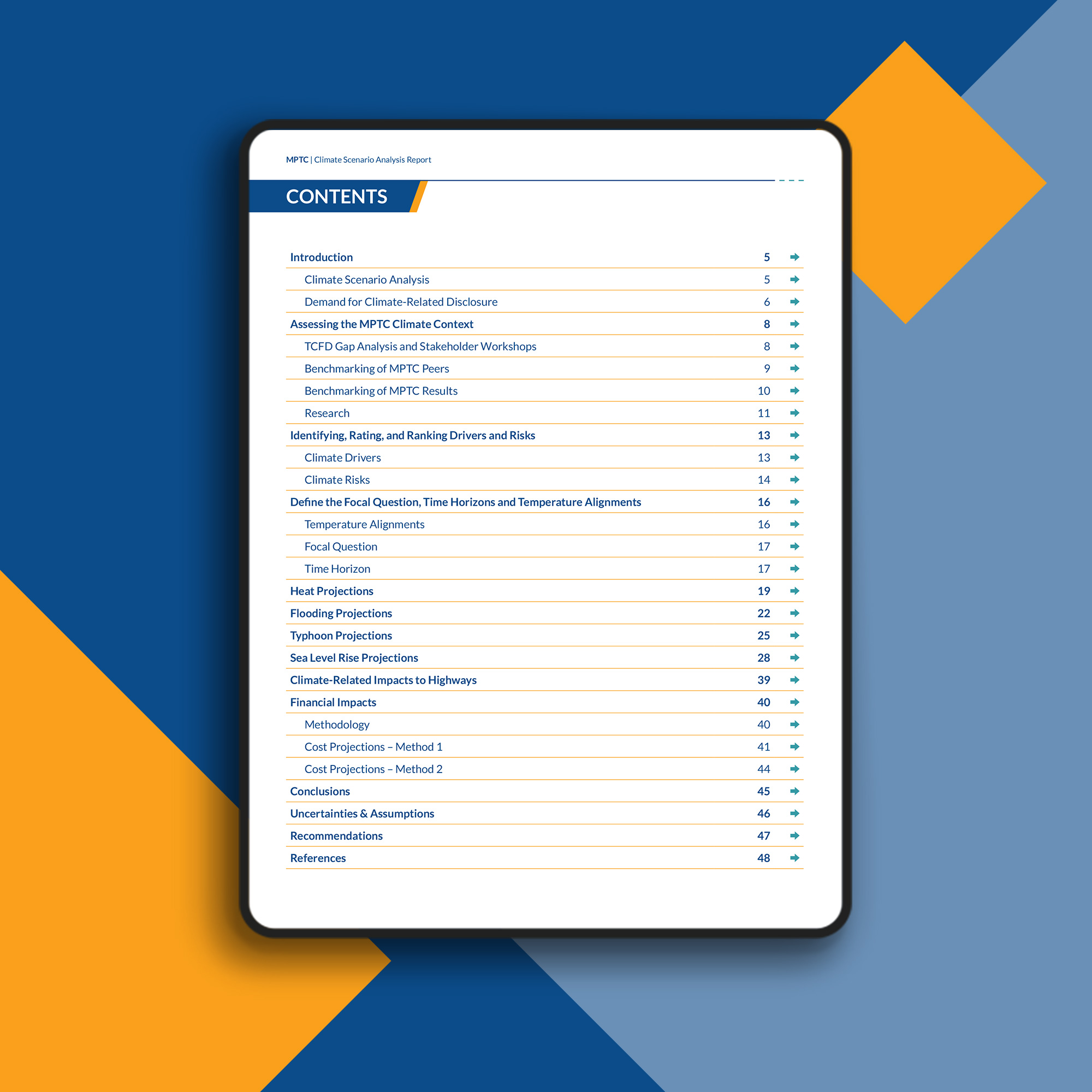 Inside spread of the MPTC Climate Scenario Analysis Report 2023 with photography of a suspension bridge and bold orange and blue design elements.