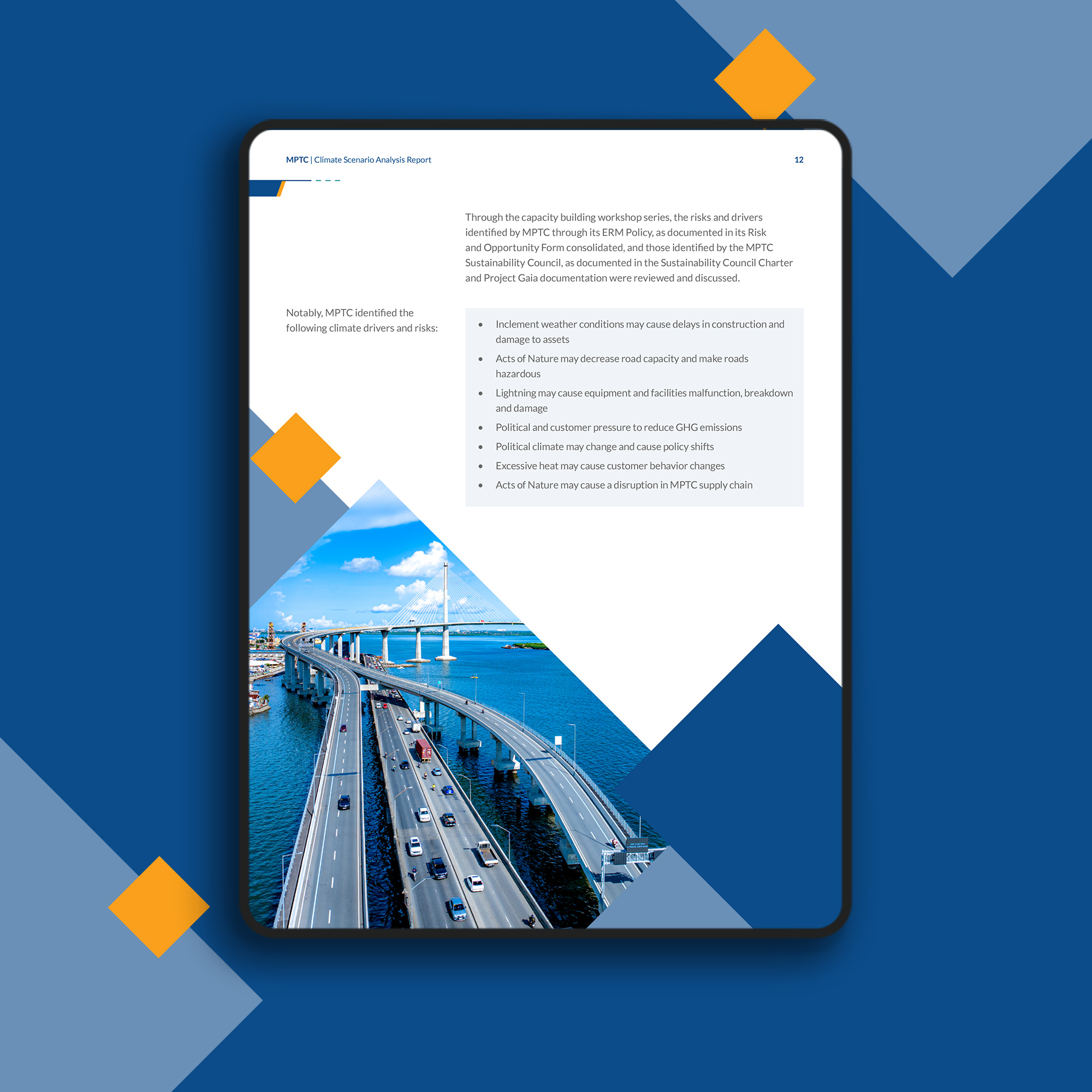 Inside spread of the MPTC Climate Scenario Analysis Report 2023 showing detailed charts and infographics with geometric blue and orange highlights.