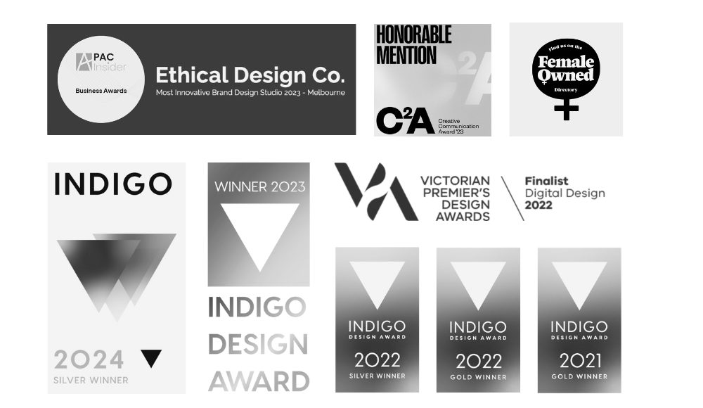 Greyscale banner featuring eight EDCo. Design Awards from 2021 to 2024 and one Female-Owned certification.