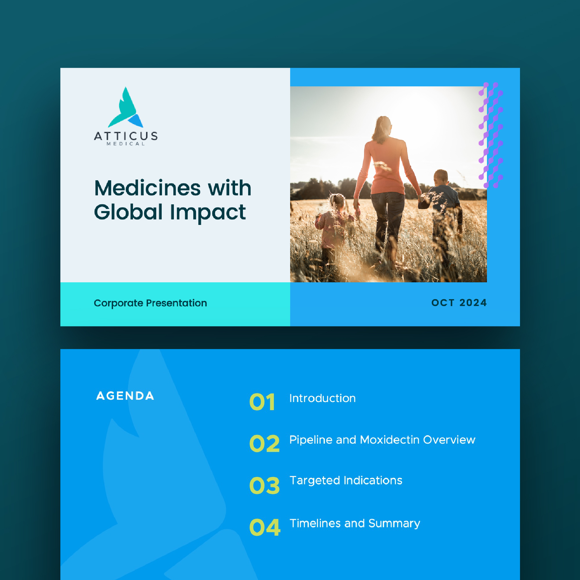 Cover and agenda slides of Atticus Medical’s corporate presentation, showing the title 'Medicines with Global Impact' and sections such as introduction, pipeline overview, targeted indications and timelines.