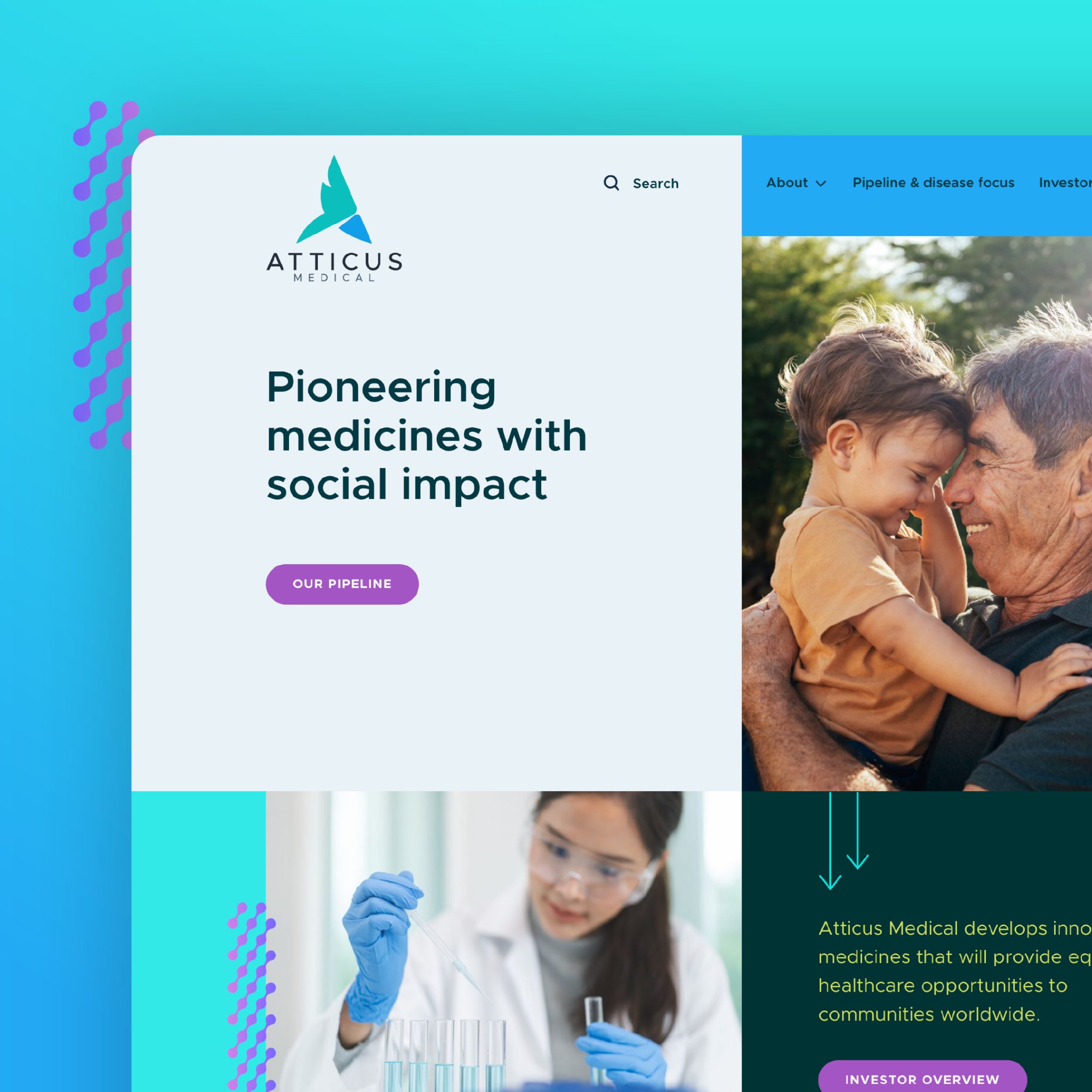 Colourful Atticus Medical website hero section with the tagline 'Pioneering medicines with social impact,' designed by EDCo., featuring a family and researcher in a lab setting.