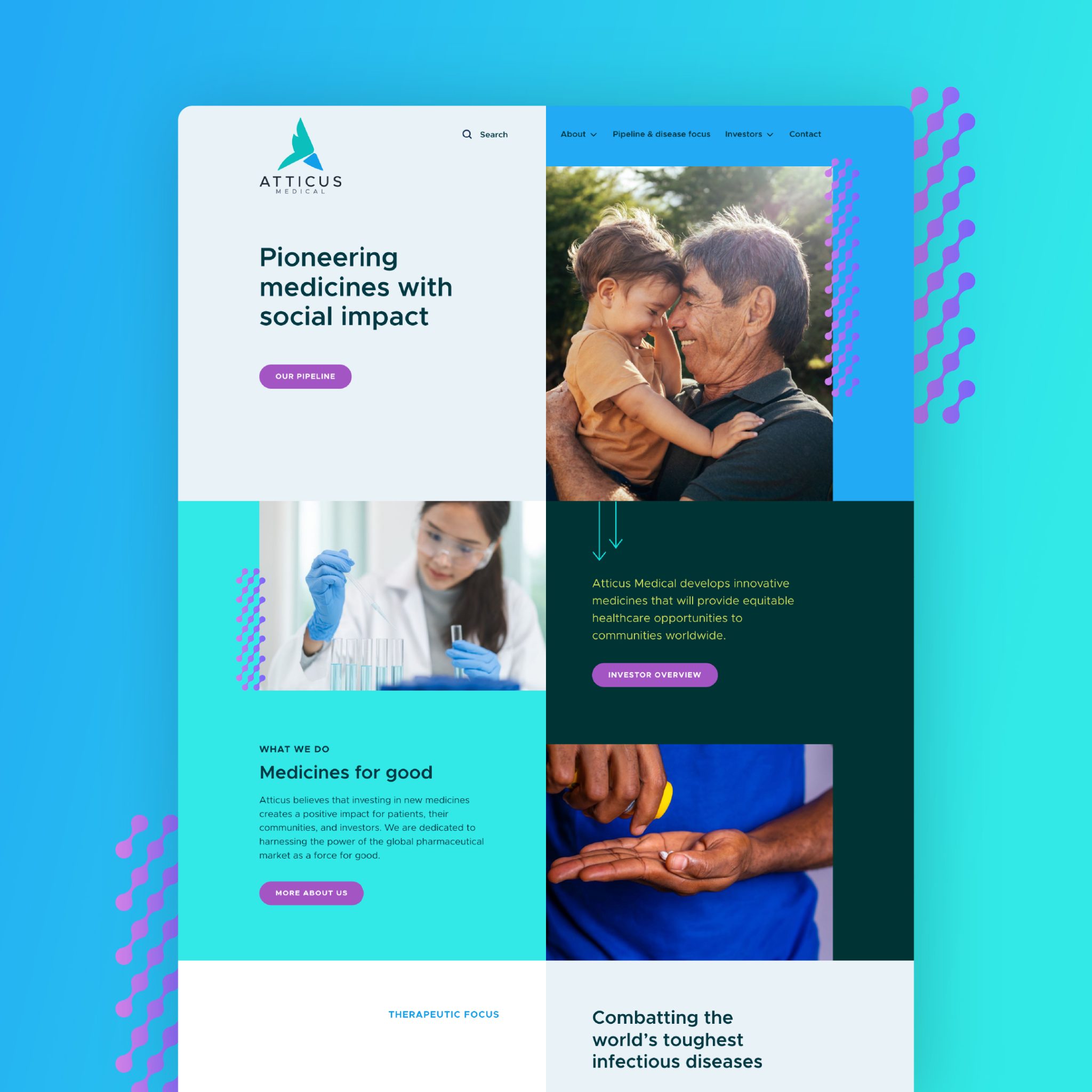 Colour mockup Atticus Medical's redesigned homepage by EDCo., showcasing 'Medicines for good' and 'Therapeutic focus' sections for equitable healthcare.