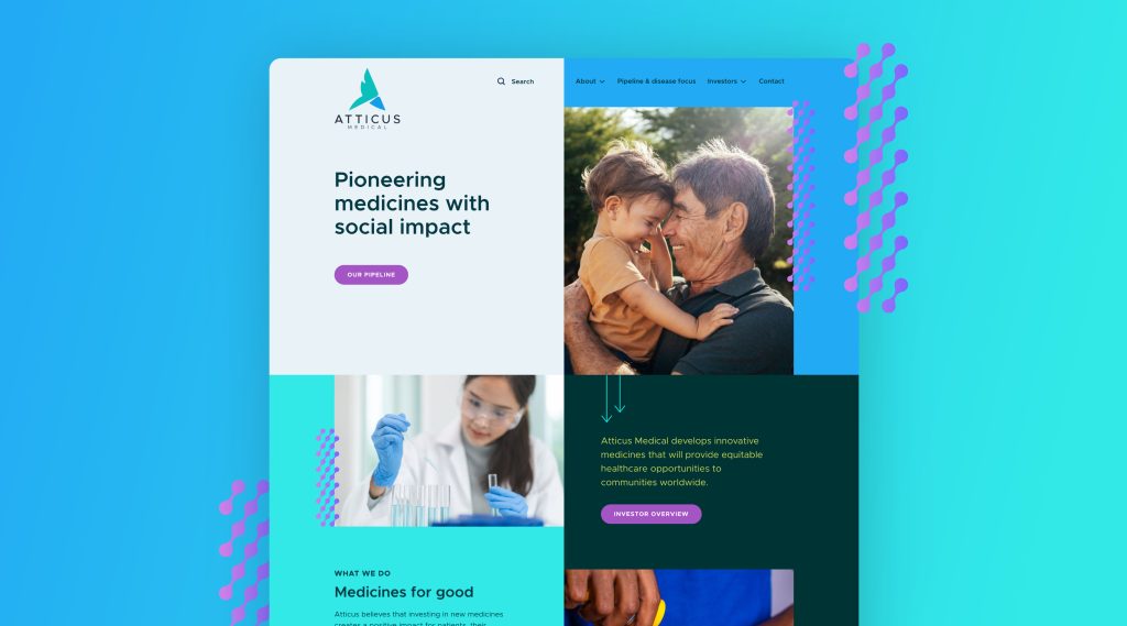 Colour mockup Atticus Medical's redesigned homepage by EDCo., showcasing 'Medicines for good' and 'Therapeutic focus' sections for equitable healthcare.