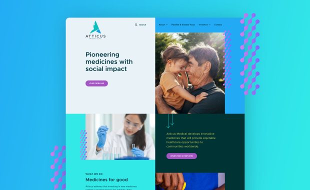 Colour mockup Atticus Medical's redesigned homepage by EDCo., showcasing 'Medicines for good' and 'Therapeutic focus' sections for equitable healthcare.