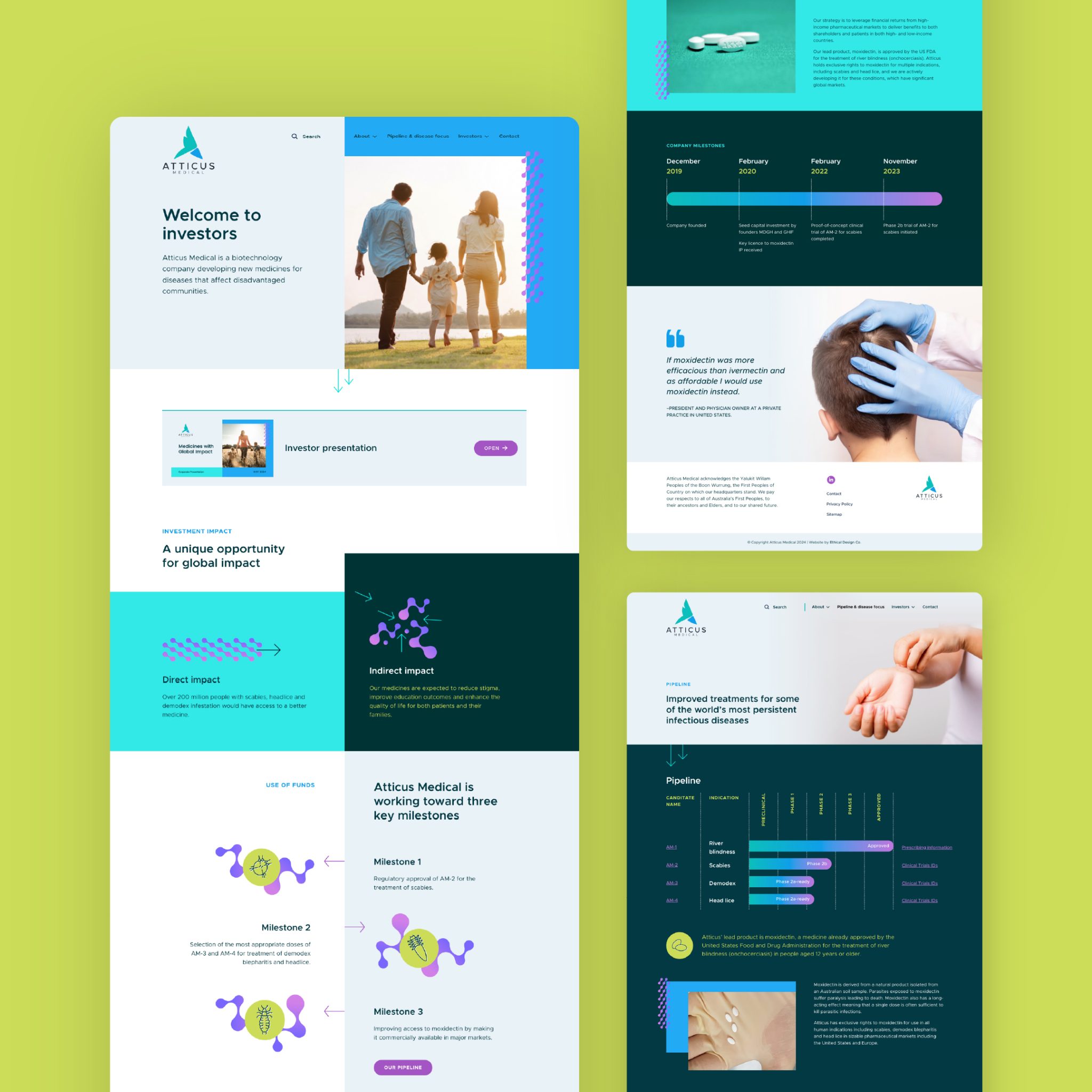 Sample pages from Atticus Medical's vibrant website redesign by EDCo., showing sections on investor info, global health impact, and infectious disease treatment pipeline.