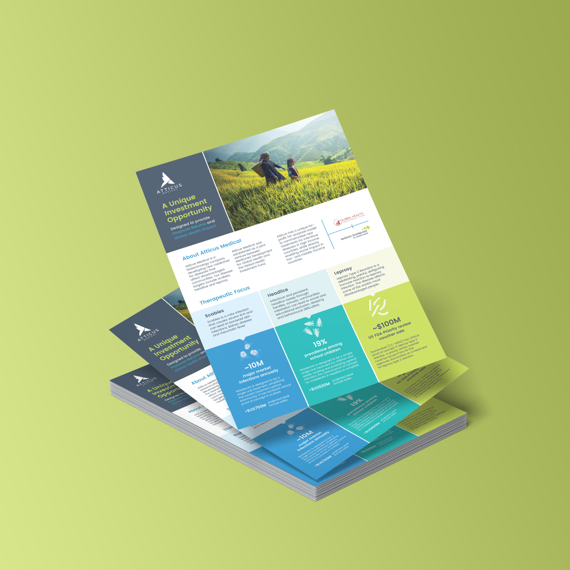 Printed flyer showcasing Atticus Medical’s investment opportunity, highlighting therapeutic focus areas, market impact statistics, and a scenic image of people walking in a green landscape.