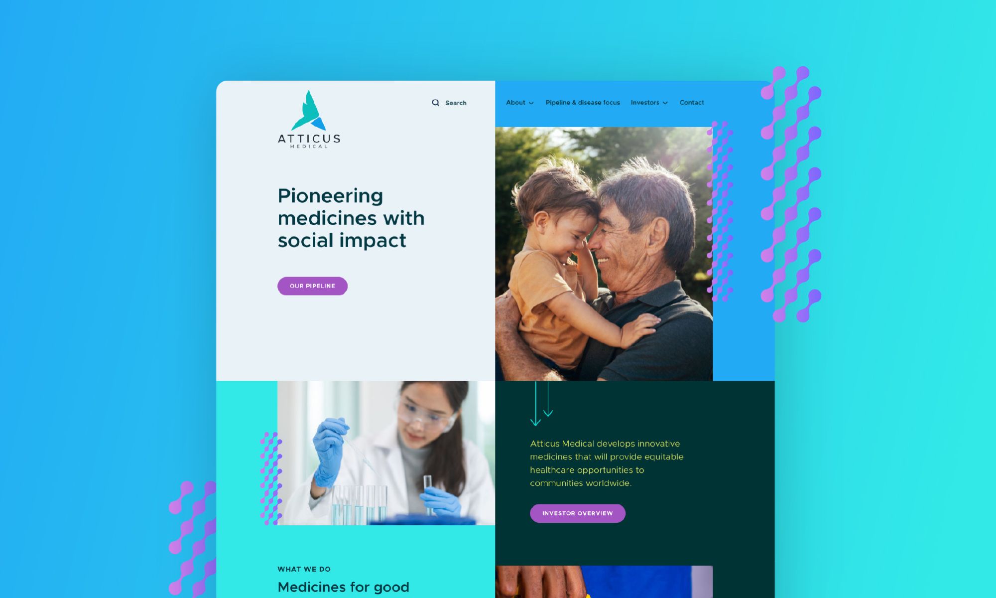 Colour mockup Atticus Medical's redesigned homepage by EDCo., showcasing 'Medicines for good' and 'Therapeutic focus' sections for equitable healthcare.
