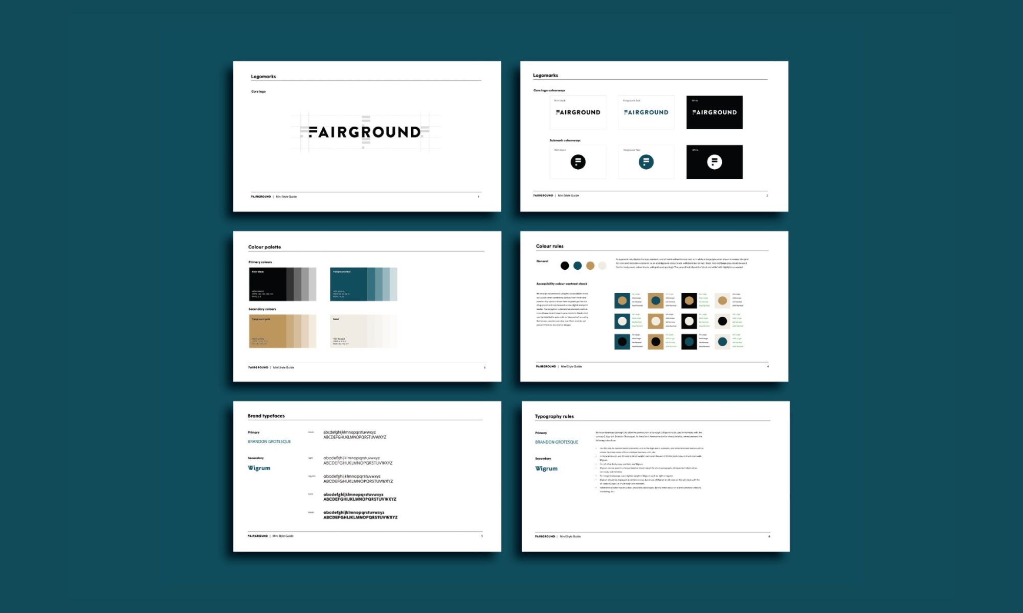 Selected pages from Fairground’s mini style guide, displaying the brand’s logomark, colour palette, brand typefaces and typography rules on a deep teal background.