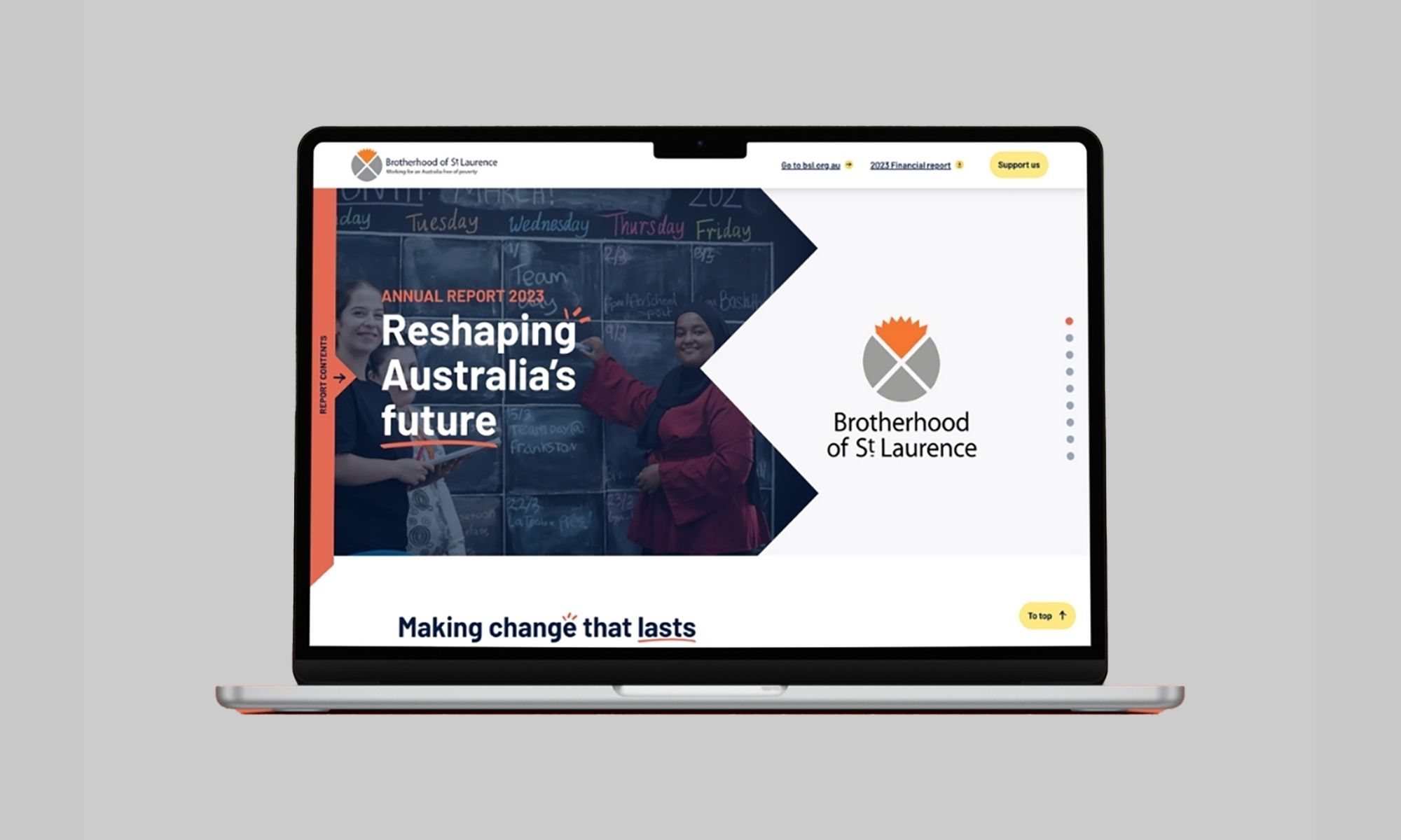 Brotherhood of St. Laurence (BSL) 2023 Annual Report website home page - Full colour mockup on a light grey background, displayed on a laptop.