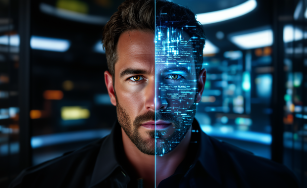 Conceptual illustration of Ben Affleck’s face split into human and AI elements, representing the integration of AI with human creativity in design and technology.