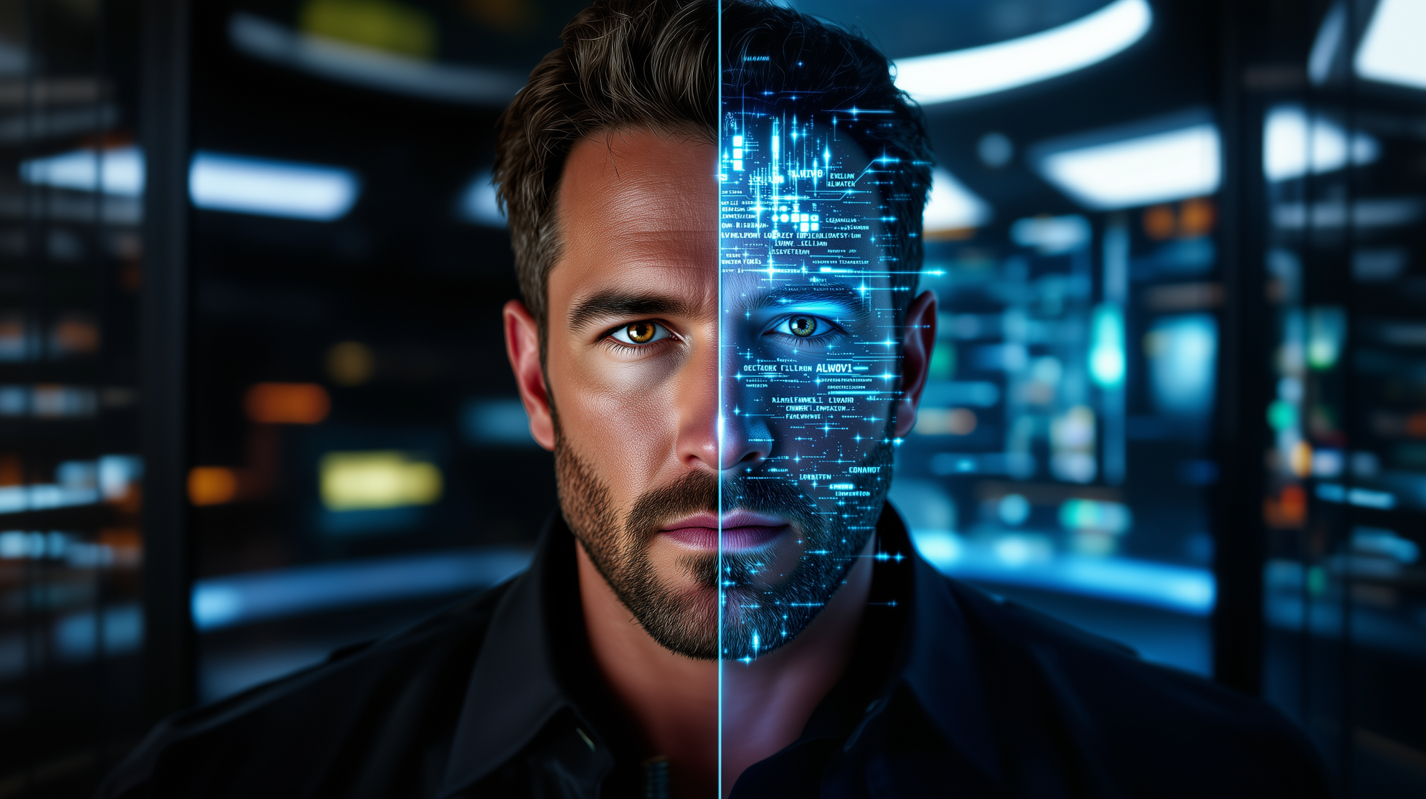 Conceptual illustration of Ben Affleck’s face split into human and AI elements, representing the integration of AI with human creativity in design and technology.