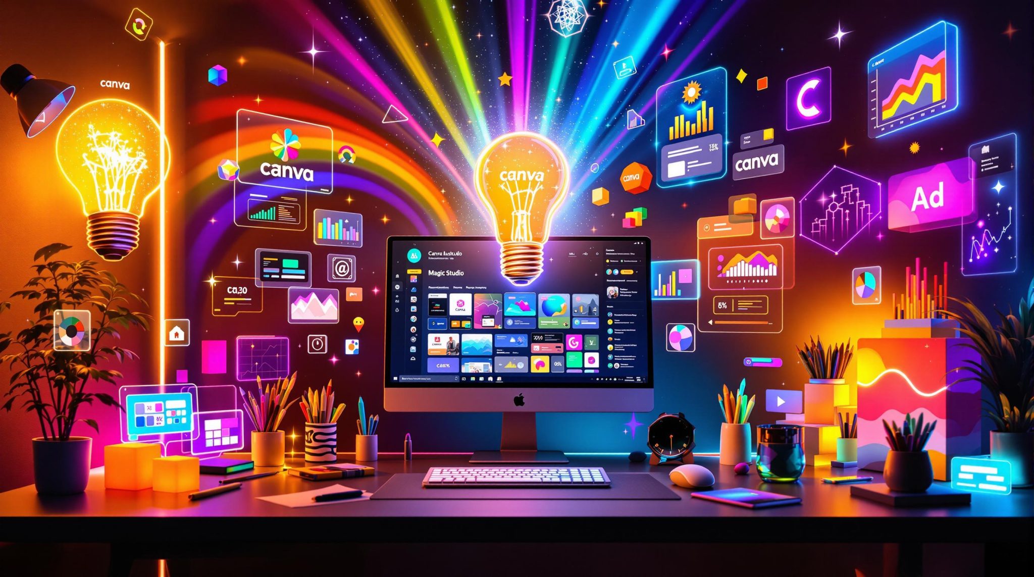 Vibrant conceptual illustration of Canva Magic Studio, highlighting AI-powered tools with colourful graphics, posters, and 3D elements. 