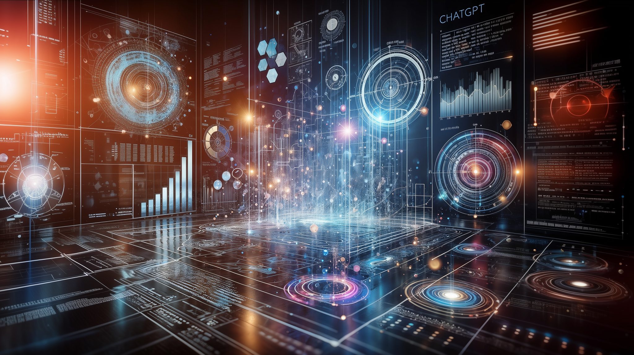 Futuristic conceptual illustration of the ChatGPT Code Interpreter, featuring glowing data visualisations, numerical patterns, and interconnected nodes.