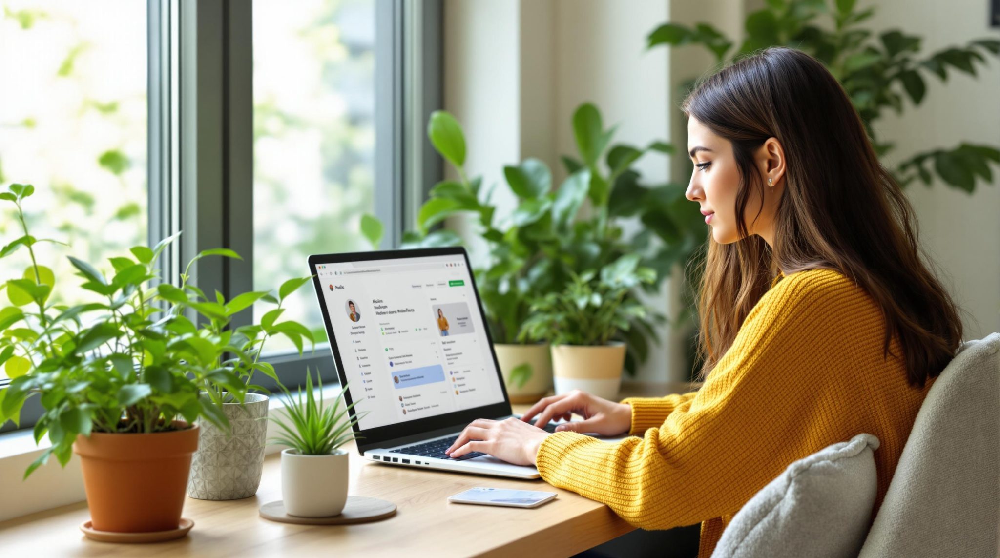 Person working on a laptop in a bright, plant-filled workspace, focusing on a digital interface, symbolising productivity and design work in a modern, collaborative environment.