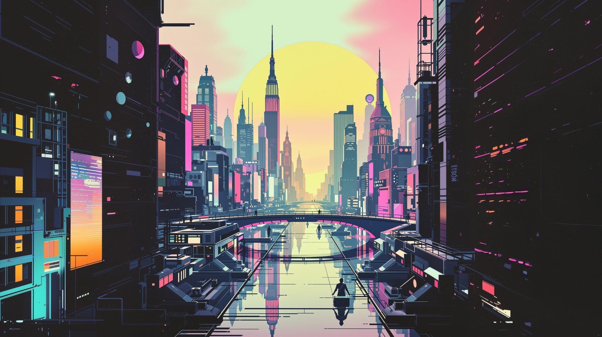 Futuristic cyberpunk-inspired cityscape of NYC featuring neon-lit skyscrapers, reflective water canals, elevated walkways, and a glowing sun.