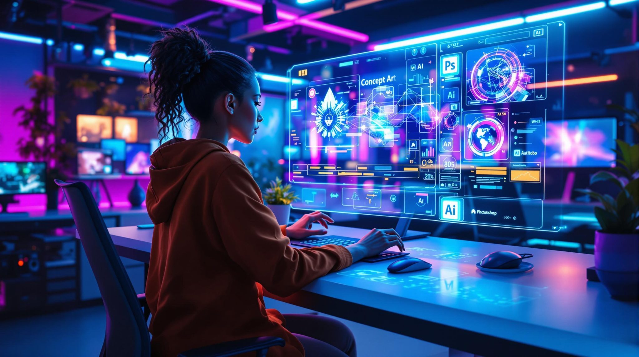 Person working in a high-tech design environment with holographic displays, using advanced AI tools like Photoshop, Illustrator, and Leonardo AI to enhance and expand visuals.