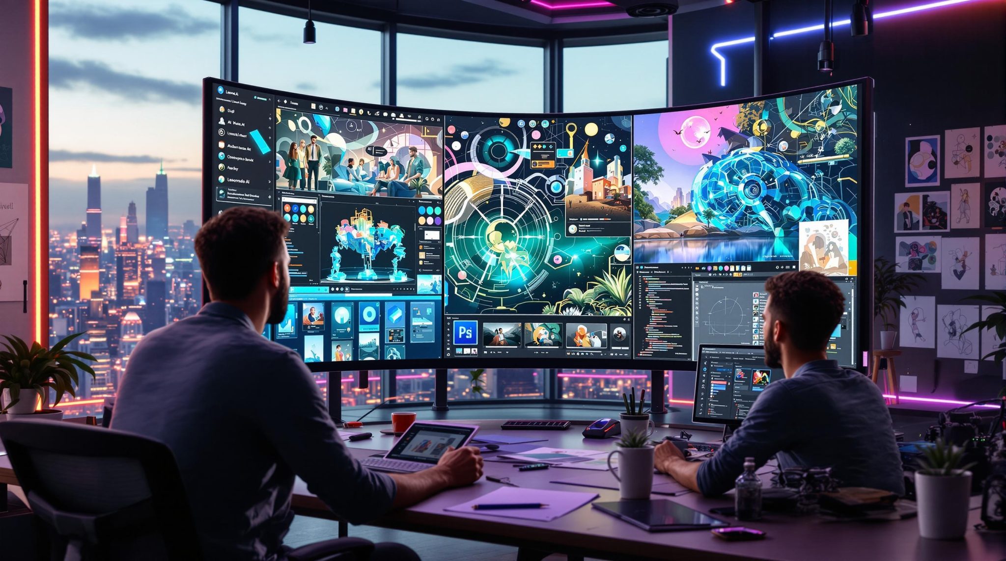 AI-powered design environment with holographic displays, showcasing stock image customisation and enhancements using advanced tools like Photoshop and Illustrator on a digital workspace.