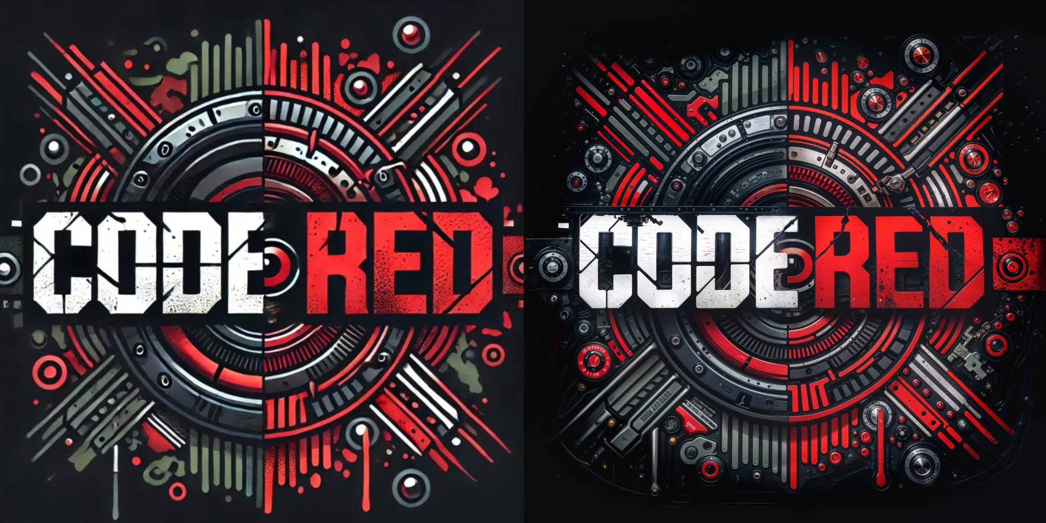 Before and after image showing the transformation of the DJ Code Red logo with a Drum & Bass theme, enhanced using Leonardo AI's image editing and expansion capabilities.